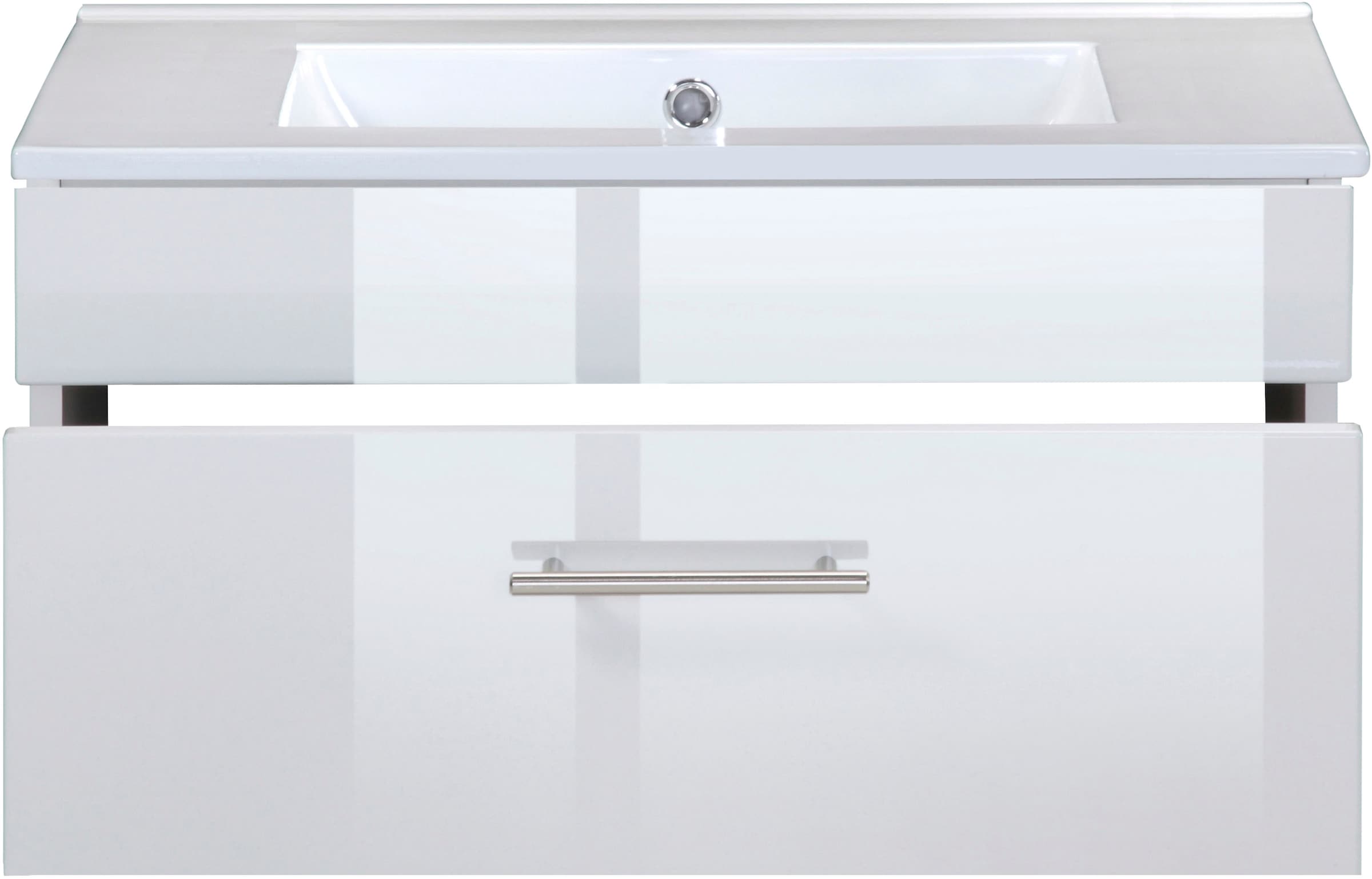 welltime Waschtisch »Trento Light mit Keramik-Auflagebecken«, 1 feste Blende und 1 Auszug, Breite: 61cm, Weiß Hochglanz