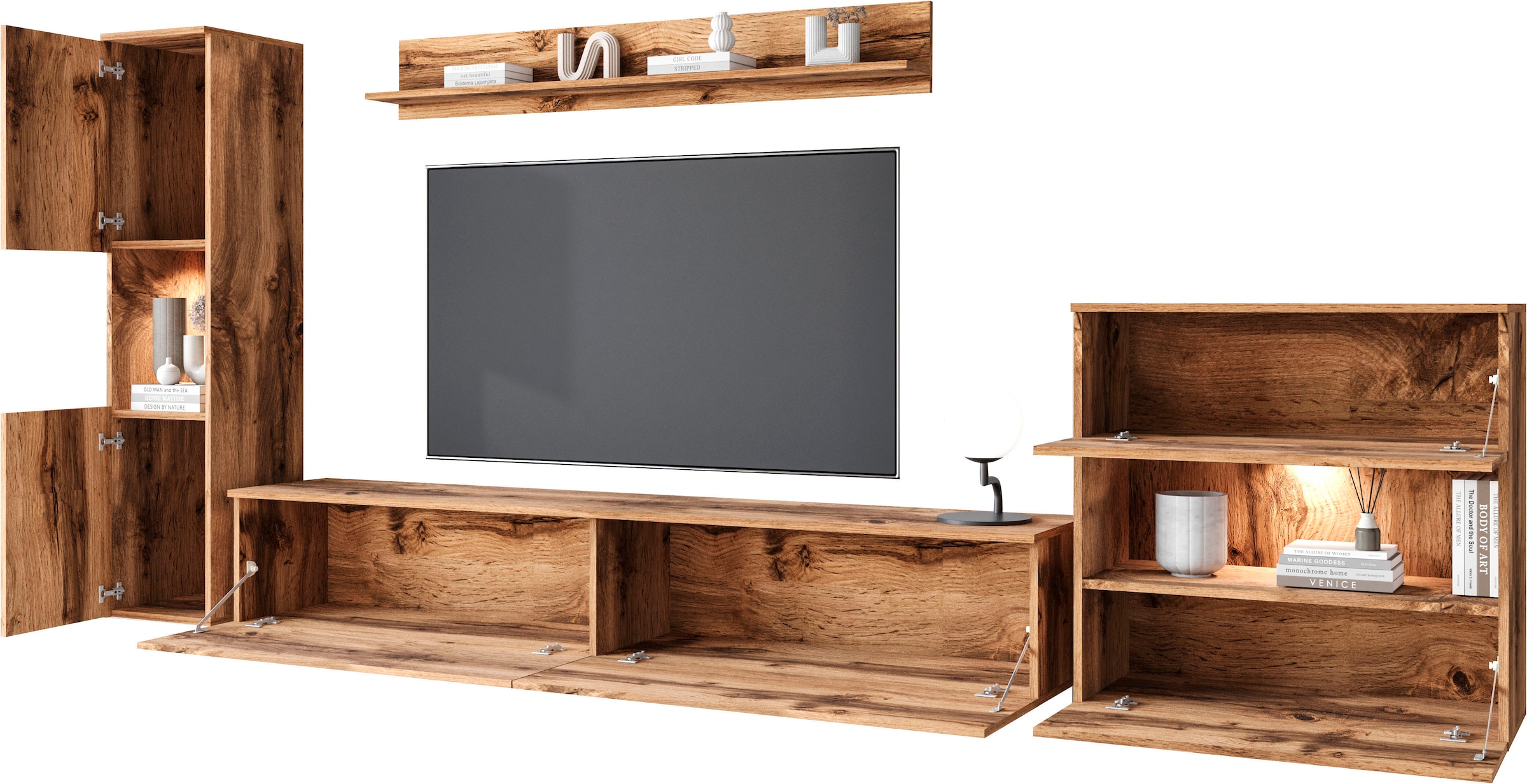 INOSIGN Wohnwand »PARIS, Vitrine Türanschlag links/rechts wechselbar«, (Komplett-Set, 4 St.), grifflose Design, stehend und hängend montierbar