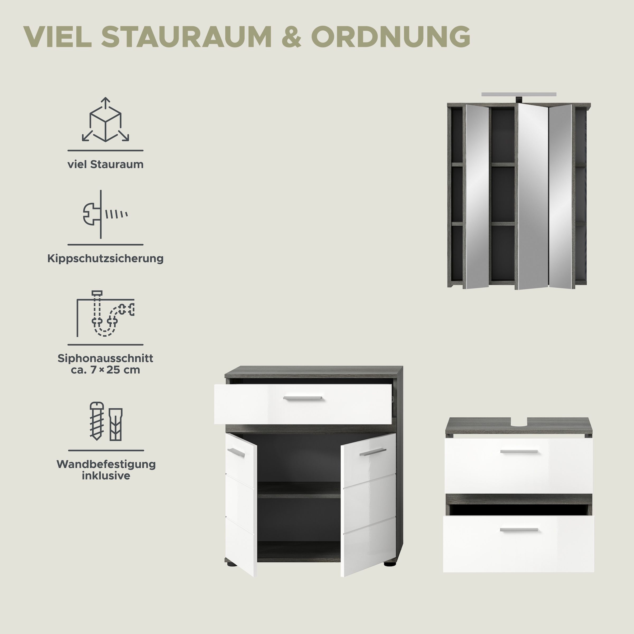 welltime Badmöbel-Set »LUCCA, 3-teilig, TOPSELLER!, hochwertige MDF Front«, (Set, 3 St., best. aus: Waschbeckenunterschrank, Spiegelschrank und Midischrank), Badkombination, Bad-Möbel, Badezimmer, Kombination, Kombi