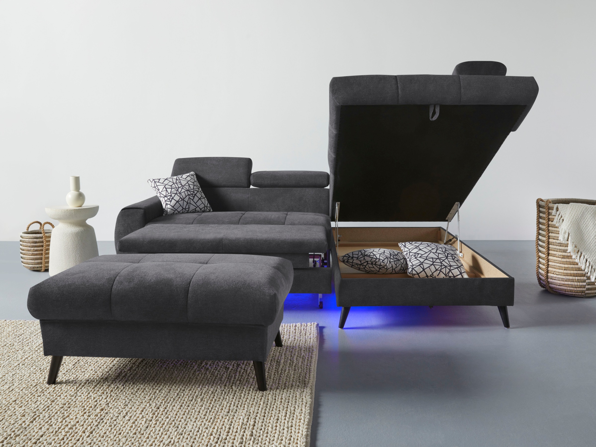 COTTA Ecksofa »Mia L-Form mit 3 Zierkissen«, wahlweise mit Bettfunktion, Bettkasten, Beleuchtung & Wireless-Charger