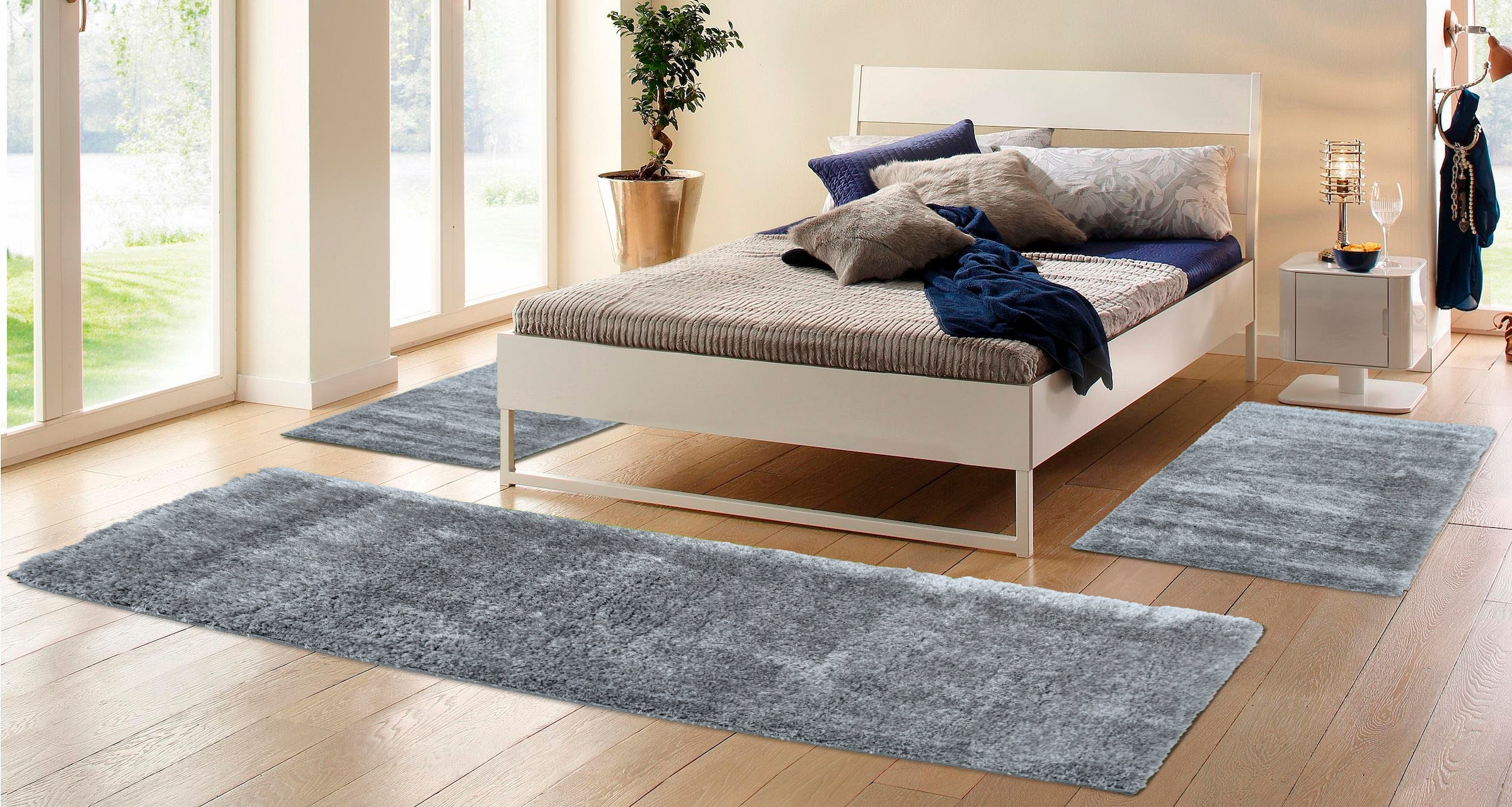 my home Bettumrandung »Malin«, (3 tlg.), Hochflor, Shaggy, Uni-Farben, leichter glanz, Microfaser, Pflegeleicht