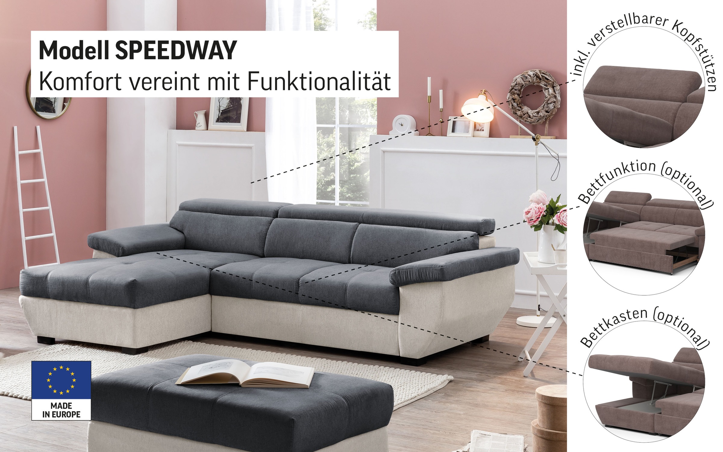 COTTA Ecksofa »Speedway L-Form«, mit Kopfteilverstellung, wahlweise mit Bet günstig online kaufen
