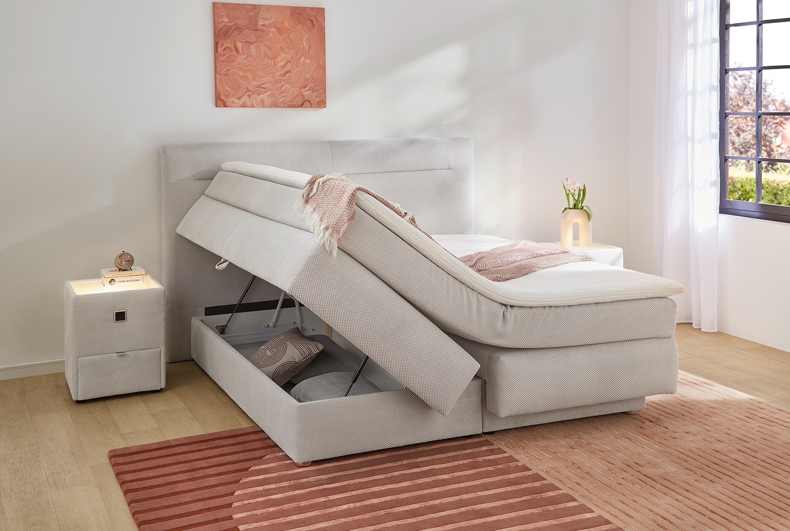 Jockenhöfer Gruppe Boxspringbett »Simone, inklusive großem Stauraum/Bettkasten«, Bonell-Wendematratze H2/H3, Topper und 2 Kissen