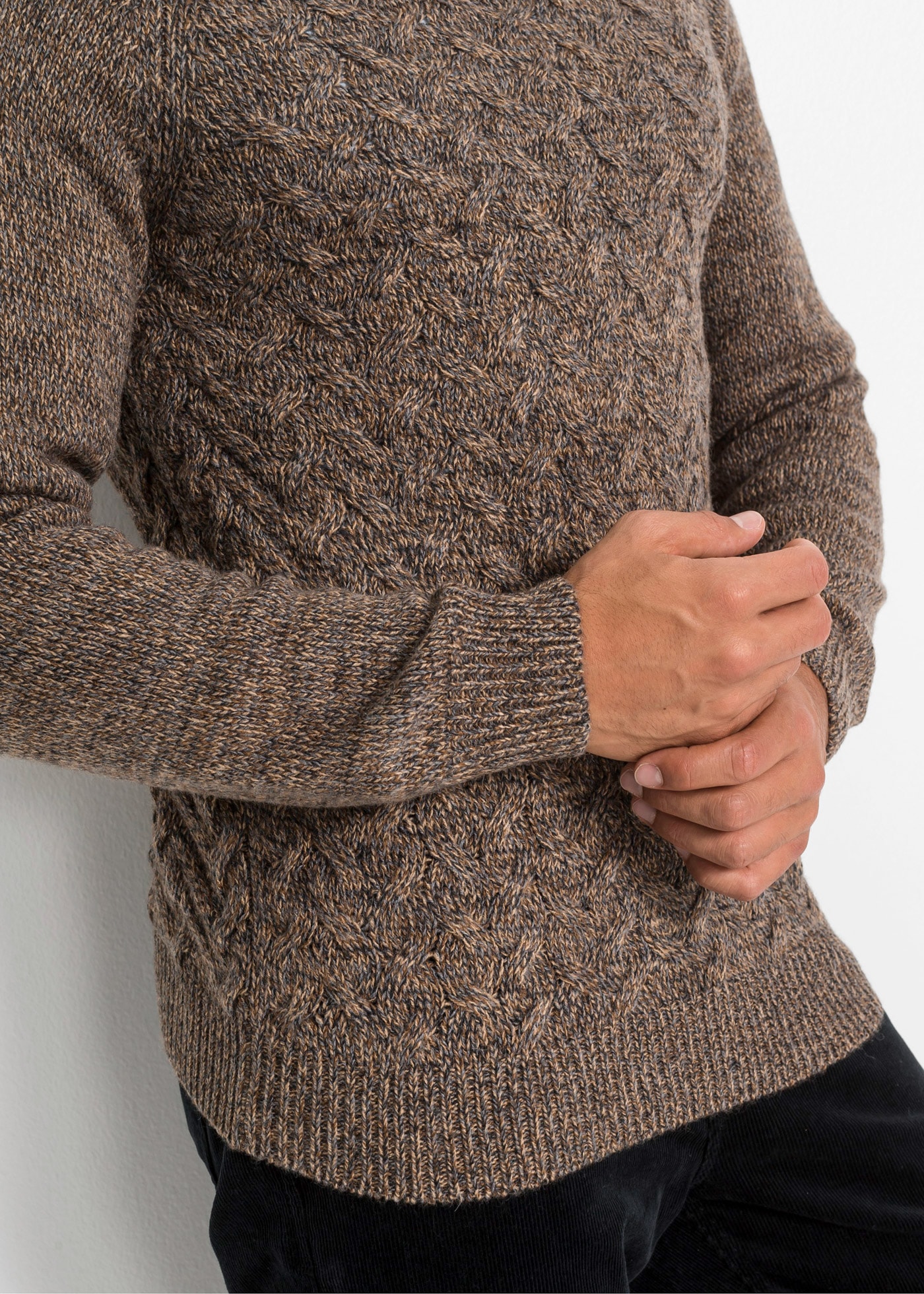 bonprix Strickpullover »Troyer-Pullover mit Wolle« mit Zopfmuster in melierter Optik