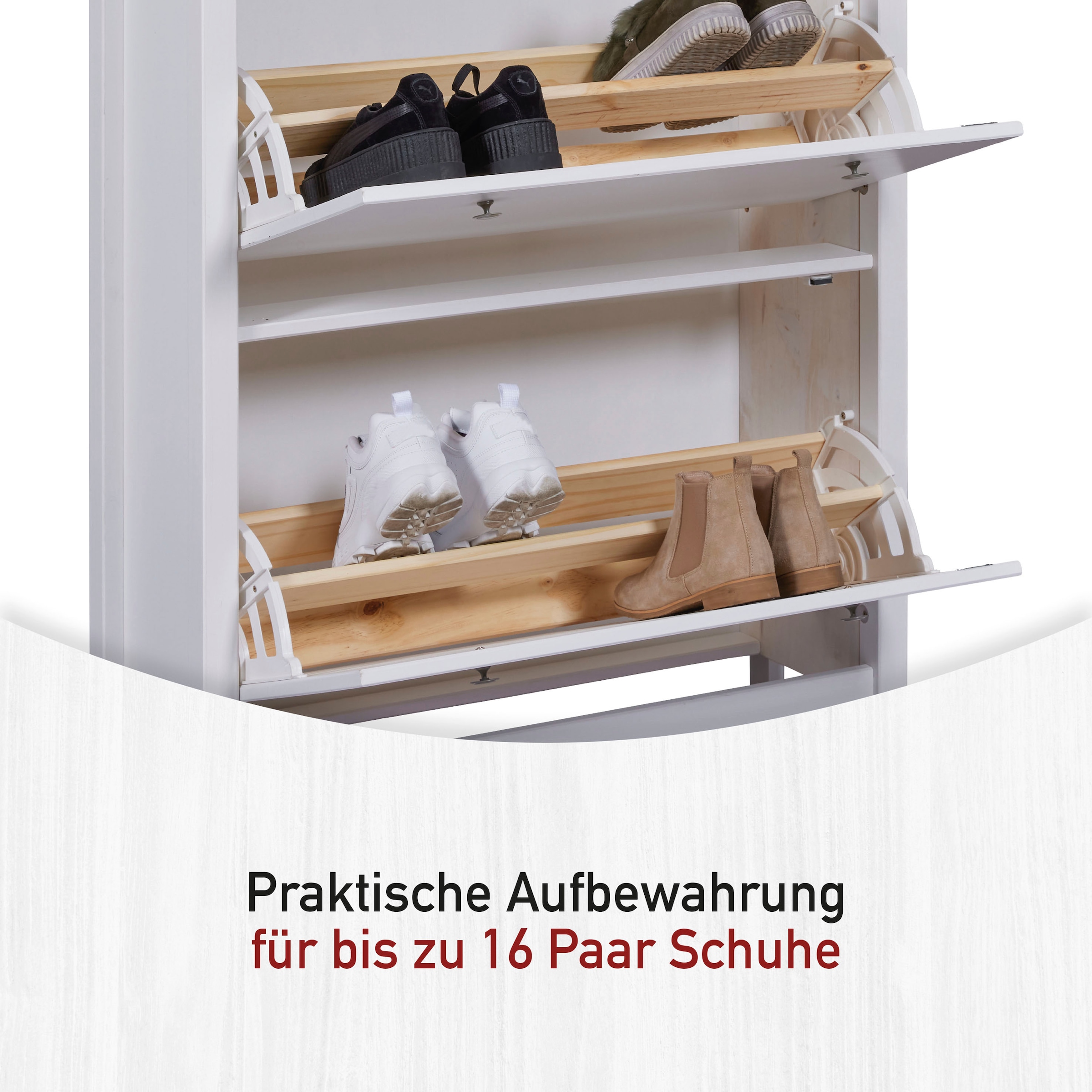 Inter Link Schuhkommode »Pinora, Kiefer Massivholz, Weiss, 90 x 30 x 127 cm, 16 paar Schuhe« 1 Stk. tlg. Schuhkipper im modernem Skandi Look, 2 Klappen, 1 Schublade