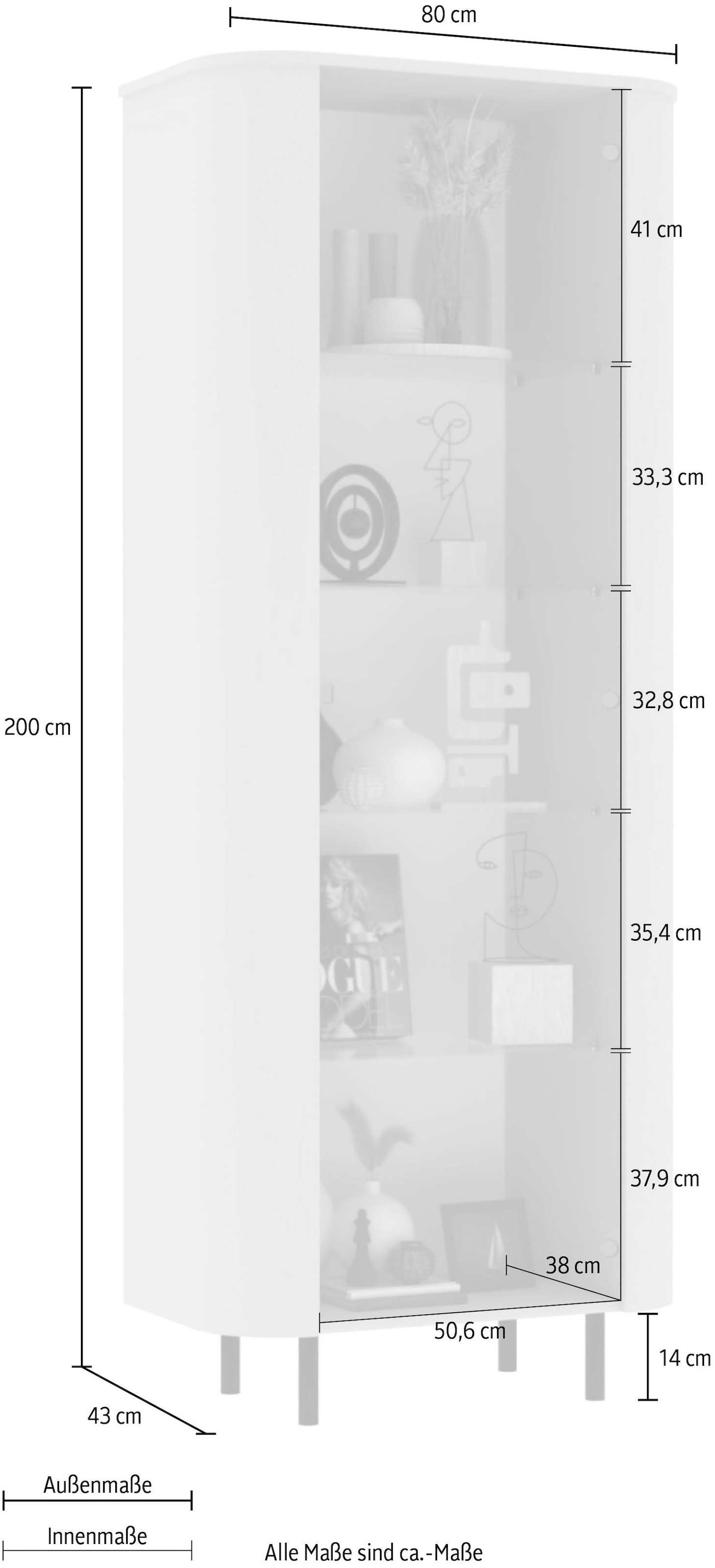 INOSIGN Vitrine »Lido, Standvitrine 200 cm hoch, 1 Tür, Glasvitrine, Vitrinenschrank« Gebogenes MDF, Stirnseiten mit Rundung, Metallfüße, dekorativ & edel