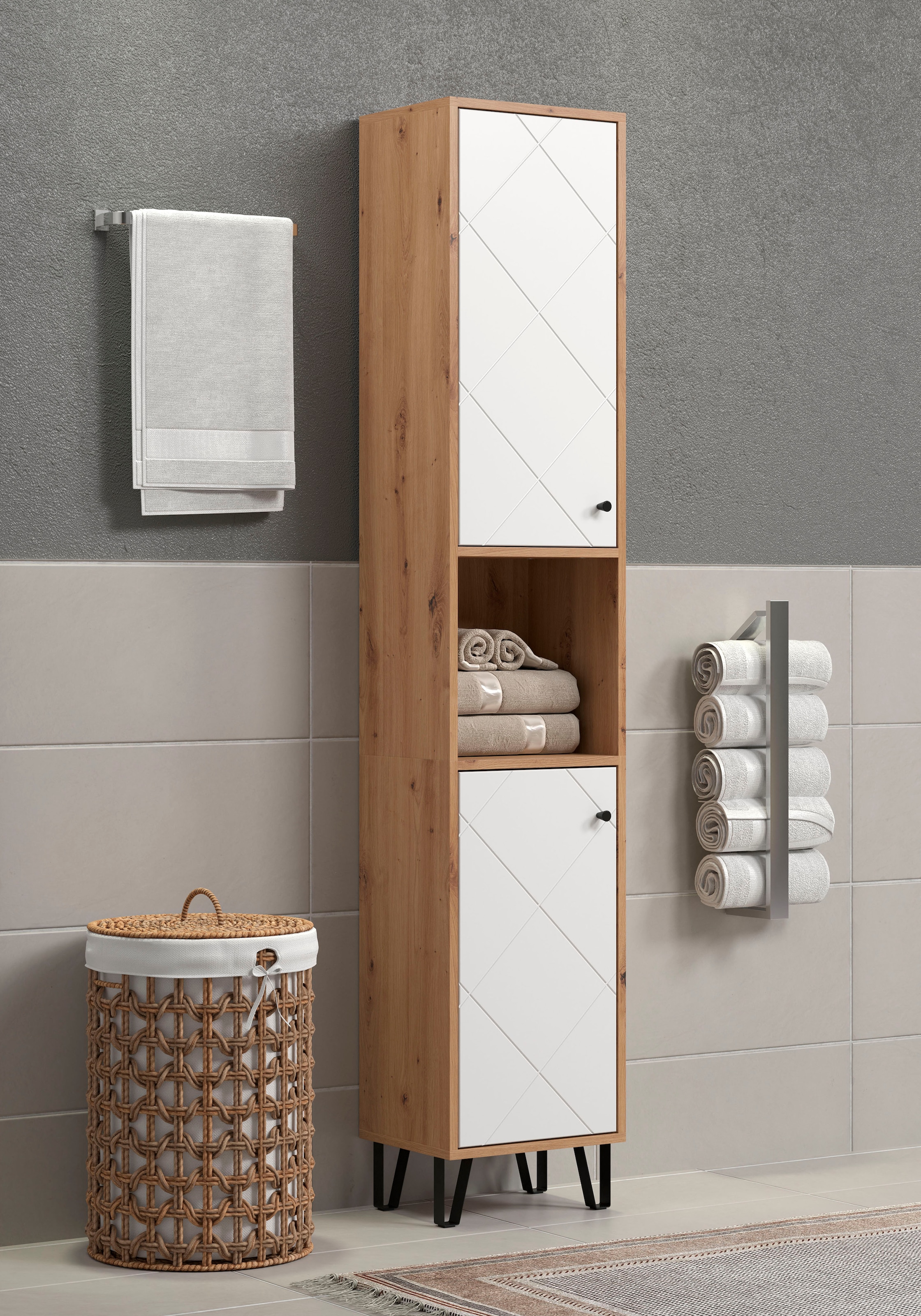 Places of Style Hochschrank »Tarragona«, (1 St.), Breite 36 cm, 2 Türen, Retro Metallfüße, matt, braune Holzoptik / weiß
