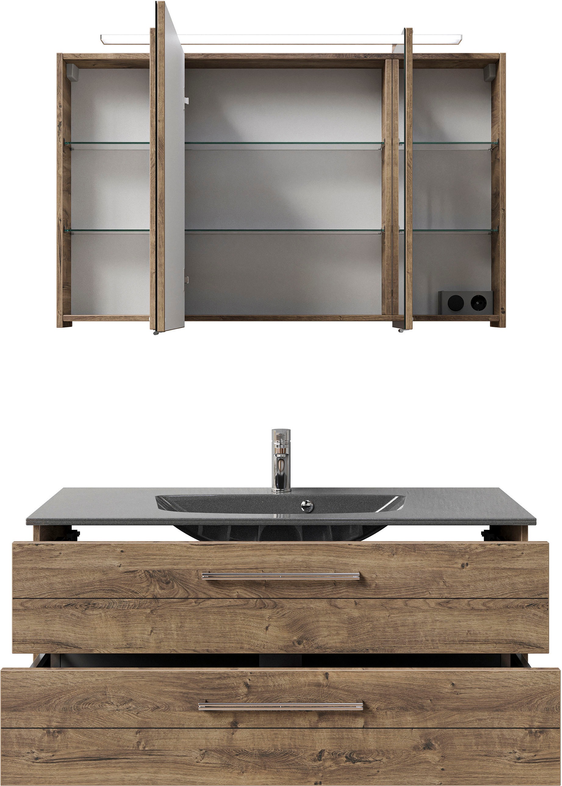 Saphir Badmöbel-Set »Serie 6025 2-teilig Mineralmarmor-Waschtisch mit LED-Spiegelschrank«, (2 St.), Waschplatz 117cm breit, 2 Schubladen, 3 Spiegel-Türen, inkl Türdämpfer
