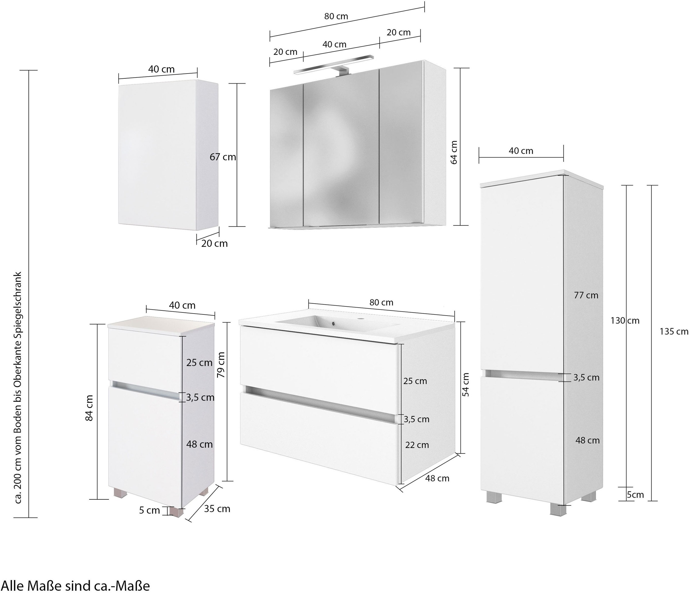 welltime Badmöbel-Set »Welltime Möbel Baabe Waschtisch-Set 3tlg. oder 5tlg.«, (5 St.), gedämpfte Scharniere und Softclose-Funktion, inklusive LED-Beleuchtung