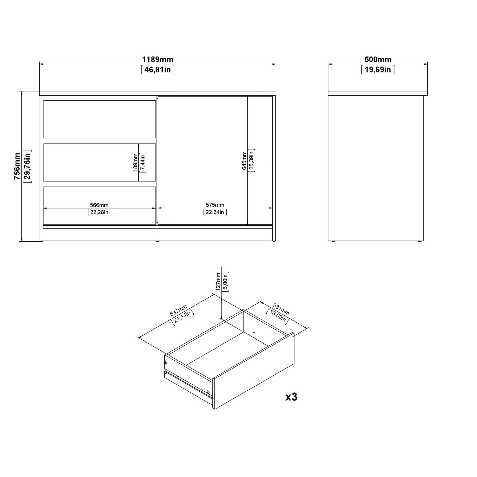 INOSIGN Sideboard »Naia Aufbewahrung, Schuhkommode, Stauraumkommode, Schuhschrank,«, Kommode mit 1 Schiebetür und 3 Schubladen, Breite 119 cm, Höhe 76 cm
