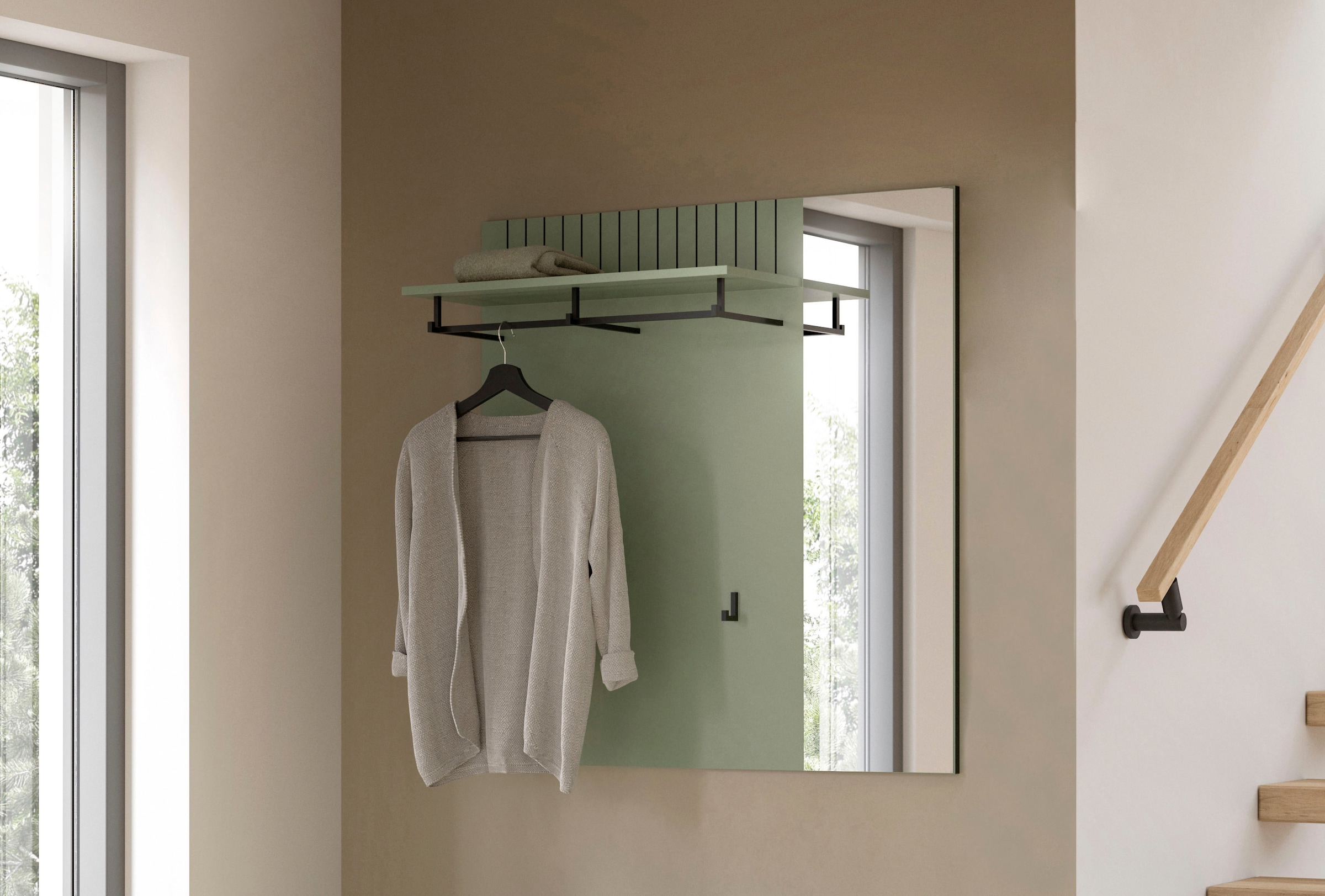 INOSIGN Garderobenpaneel »TATIO, Rillenfräsung, 1 Spiegel, 1 Ablageboden, 2 Haken, Kleiderstange« 1 Stk. tlg. Garderobenpaneel mit Spiegel, Garderobe, Flur, Diele