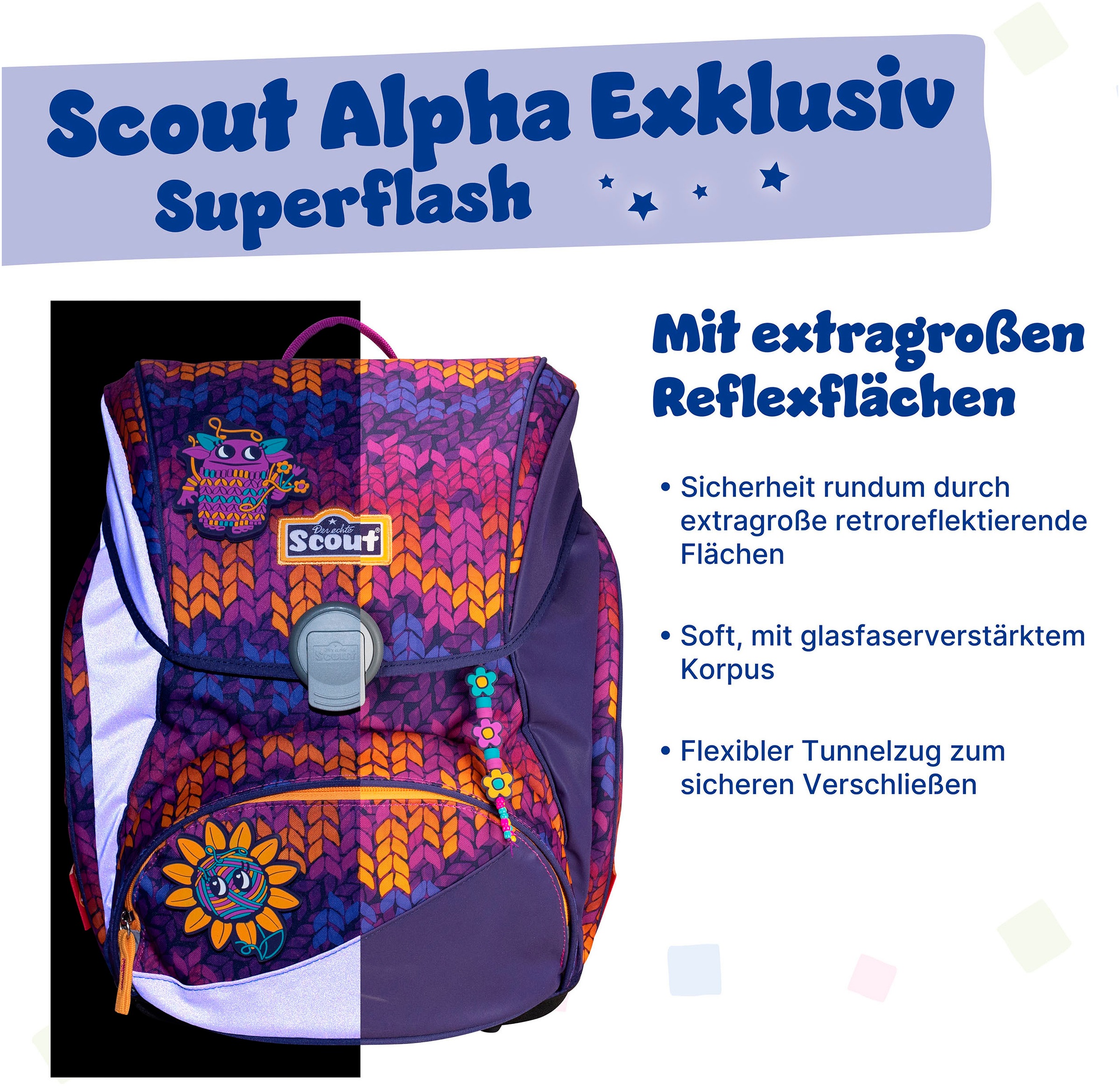 Scout Schulranzen »Alpha Superflash, Fantasy«, Retroreflektierende Flächen-Fluoreszierende Warnfarben für extragute Sichtbarkeit, mit retrorefl. Flächen & 2 Funny Snaps; enthält recyceltes Material