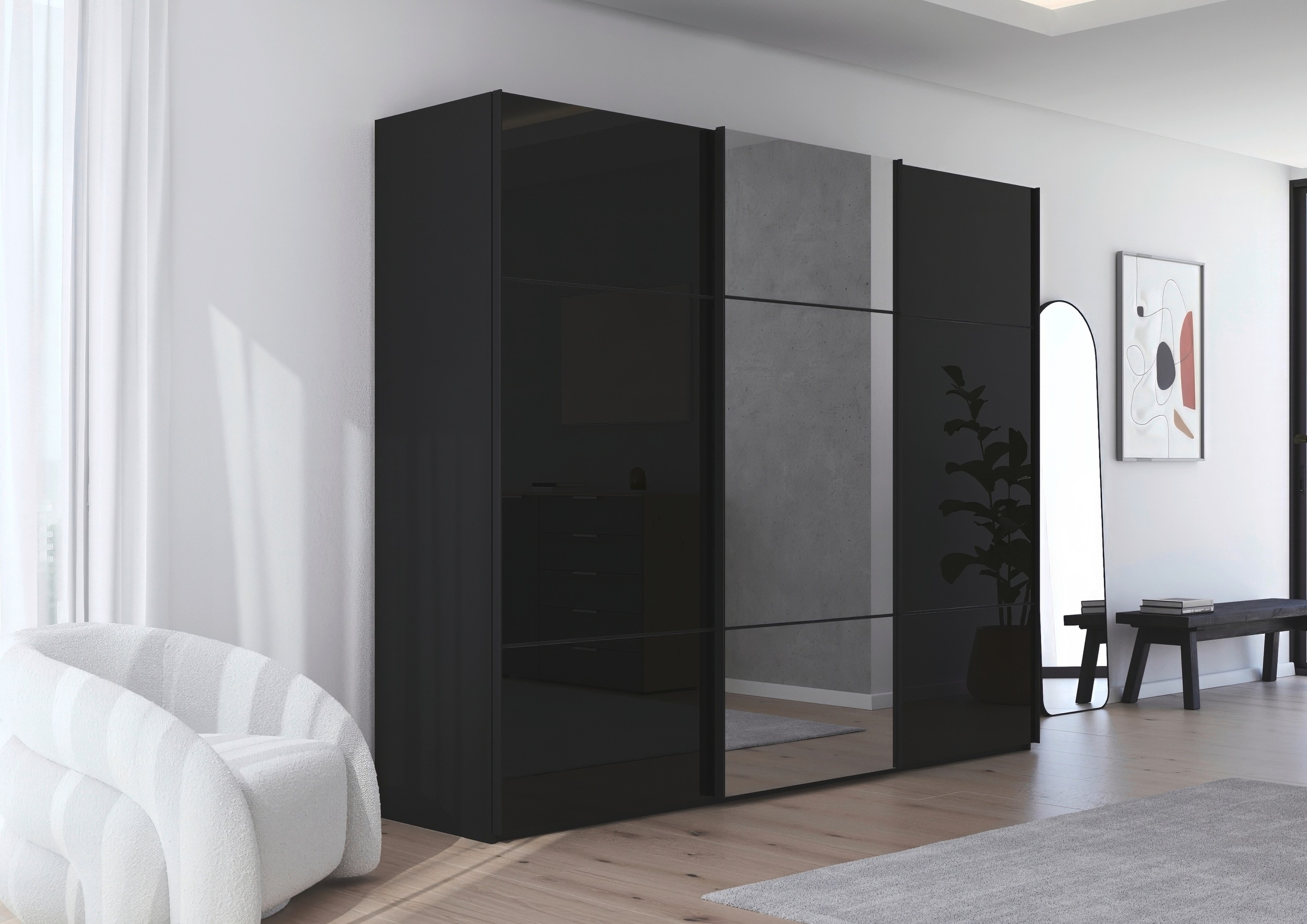 rauch Schwebetürenschrank »Kleiderschrank Schrank Garderobe Schlafzimmerschrank SCALE-TRIO«, edle dreigeteilte Front mit 2 Zierleisten Spiegel/Glas MADE IN GERMANY