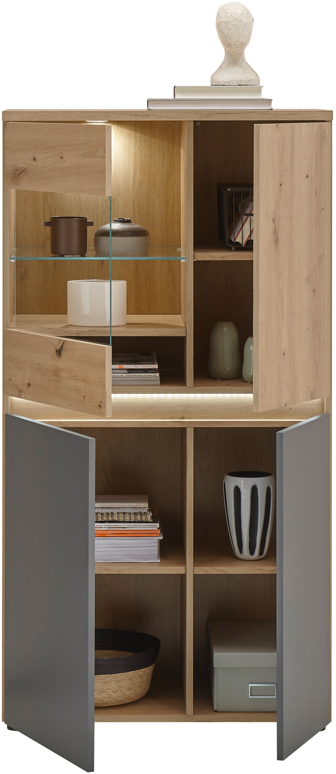 HBZ Highboard »Lille mit LED-Beleuchtung, Wohnzimmerschrank BxHxT 75x140x38 cm«, (1 St.), Mit 3 Türen, 4 Einlegeböden und 1 Glasboden, BxHxT 75x140x38 cm
