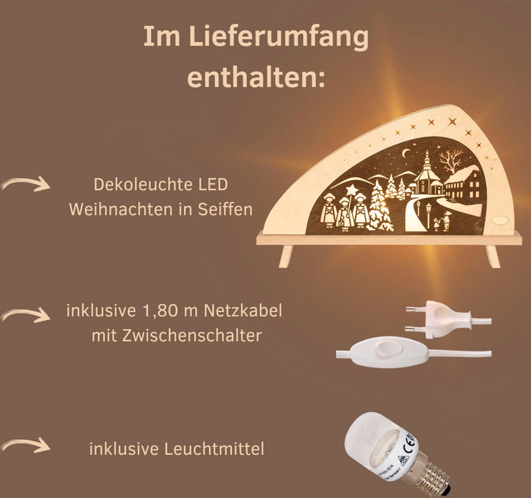 Weigla LED Lichterbogen »Weihnachten in Seiffen, asymmetrische Holz Dekolampe, Made in Germany« 1 Stk. Erzgebirge garantiert,Weihnachtsdeko Innen, Weihnachtsbeleuchtung