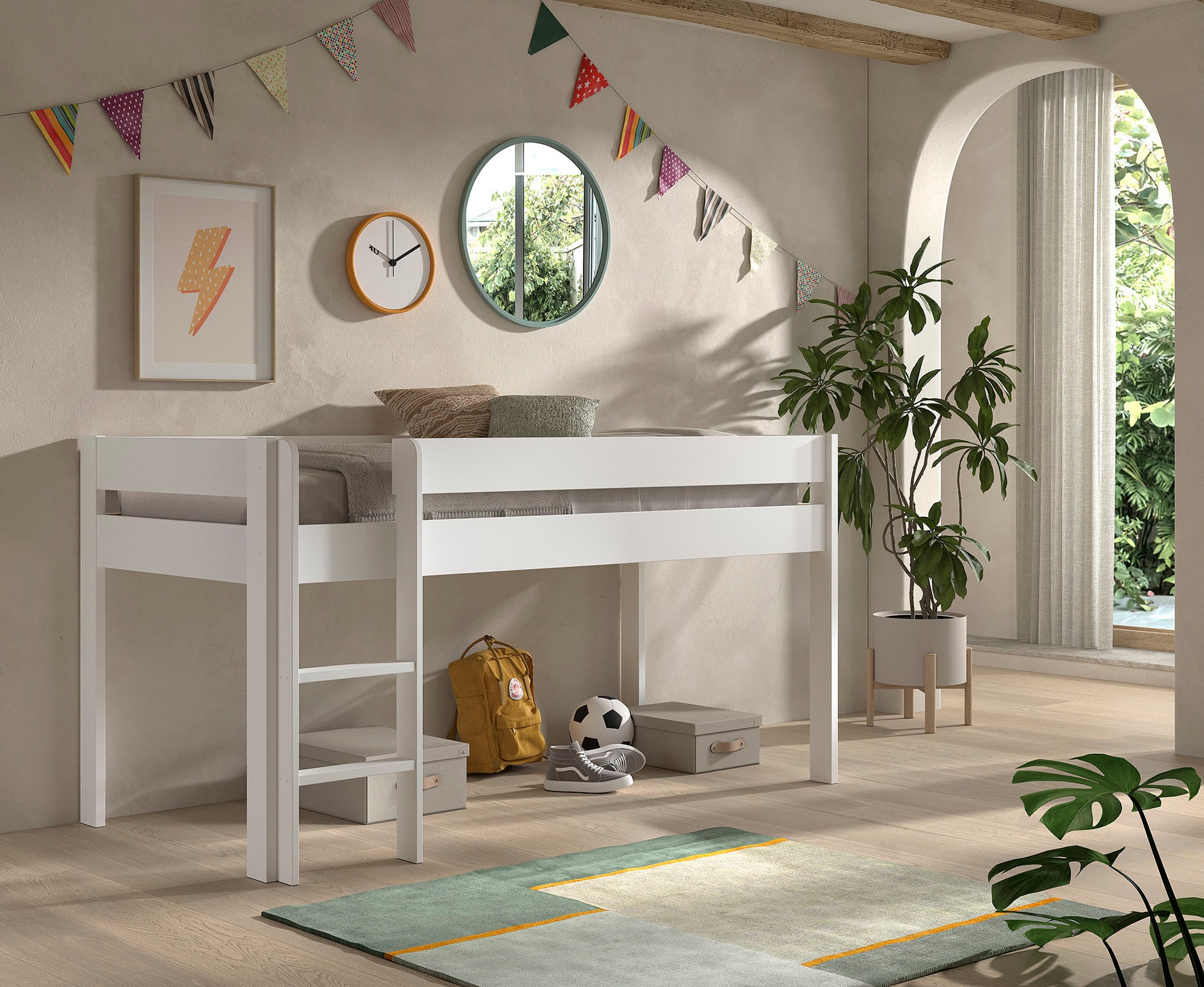 Vipack Spielbett »Primo, mit umlaufenden Absturzschutz, Leiter recht/links montierbar« Kiefer massiv weiß lackiert, 90x200 cm inkl. Rolllattenrost