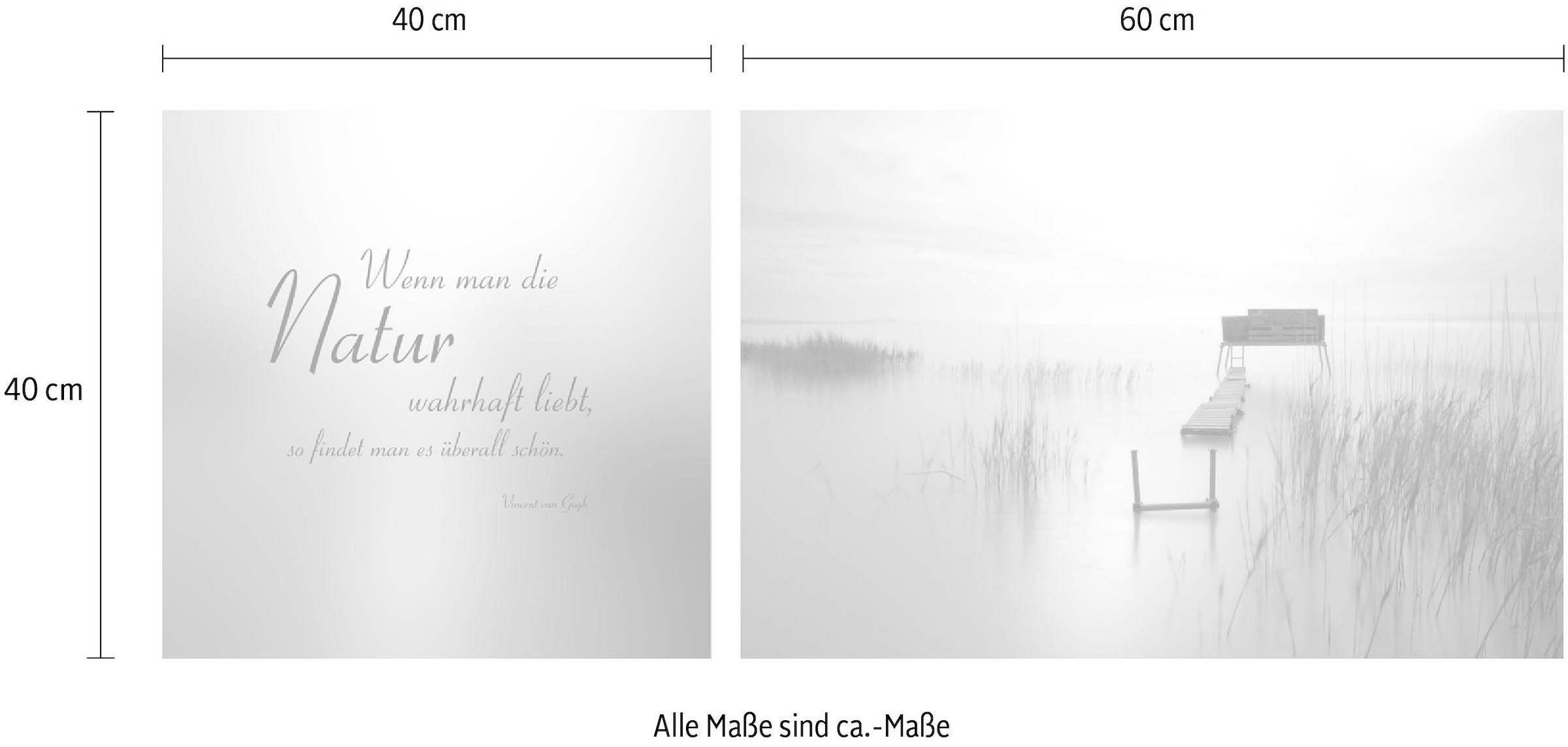 queence Leinwandbild »Natur überall«, Gräser-Steg-Seebilder-Seelandschaft-Meer-Meer Bilder-Kunst-Modern-Spa-Spa Bilder-Sprüche-Sprüche & Texte-Schriftzug-Schriftzüge, (Set), Premium-Leinwandstoff, Handarbeit aus Deutschland, Zitat, 2er Set