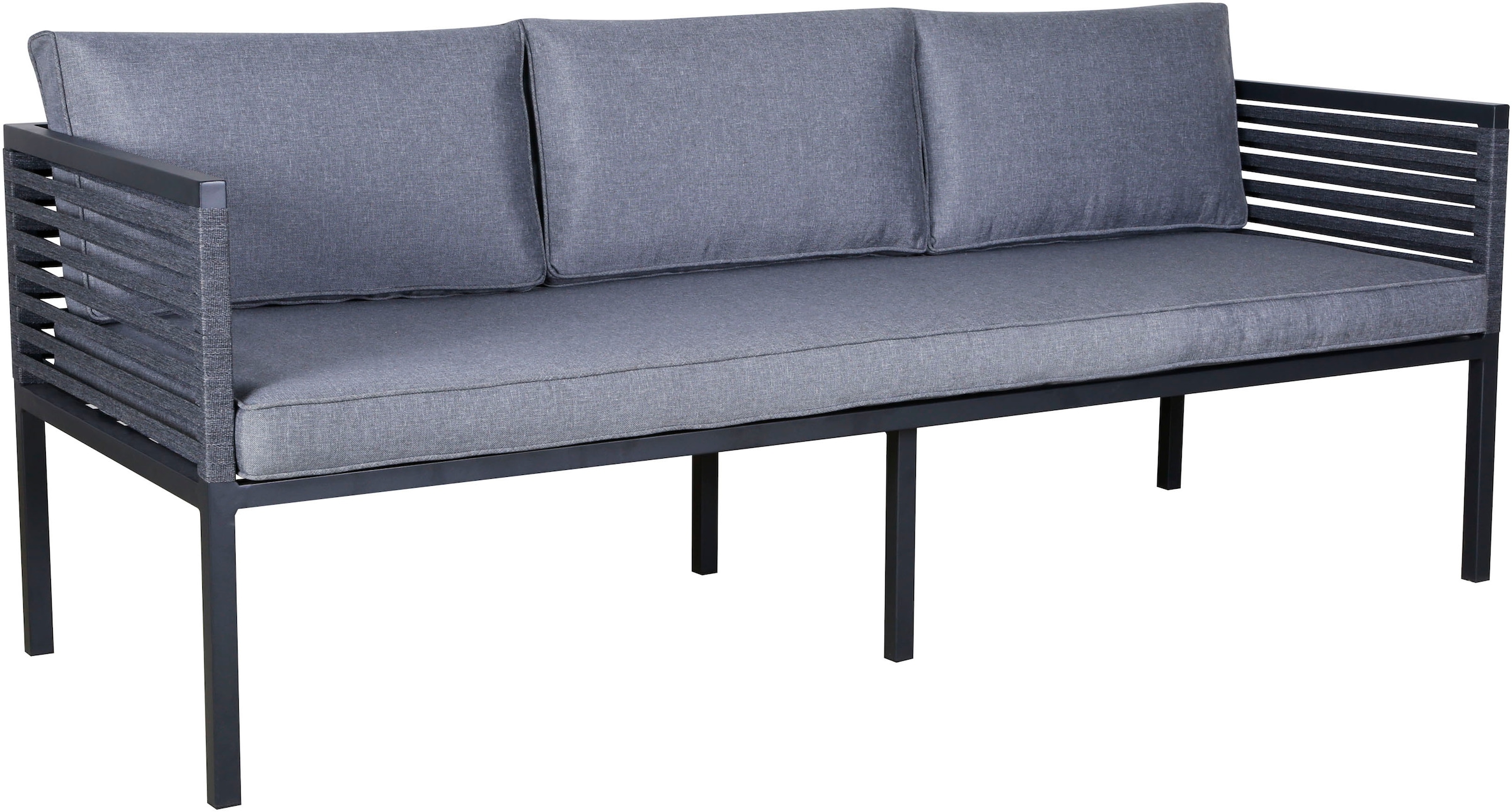 KONIFERA Gartenlounge-Set »Ecklounge »Edessa««, (Set, 14 tlg., 2x 3er Sofa, Tisch 70x140x69 cm, 1 Sitzbank, inkl. Auflagen), Armlehne mit Seilgeflecht und Nonwood-Latten