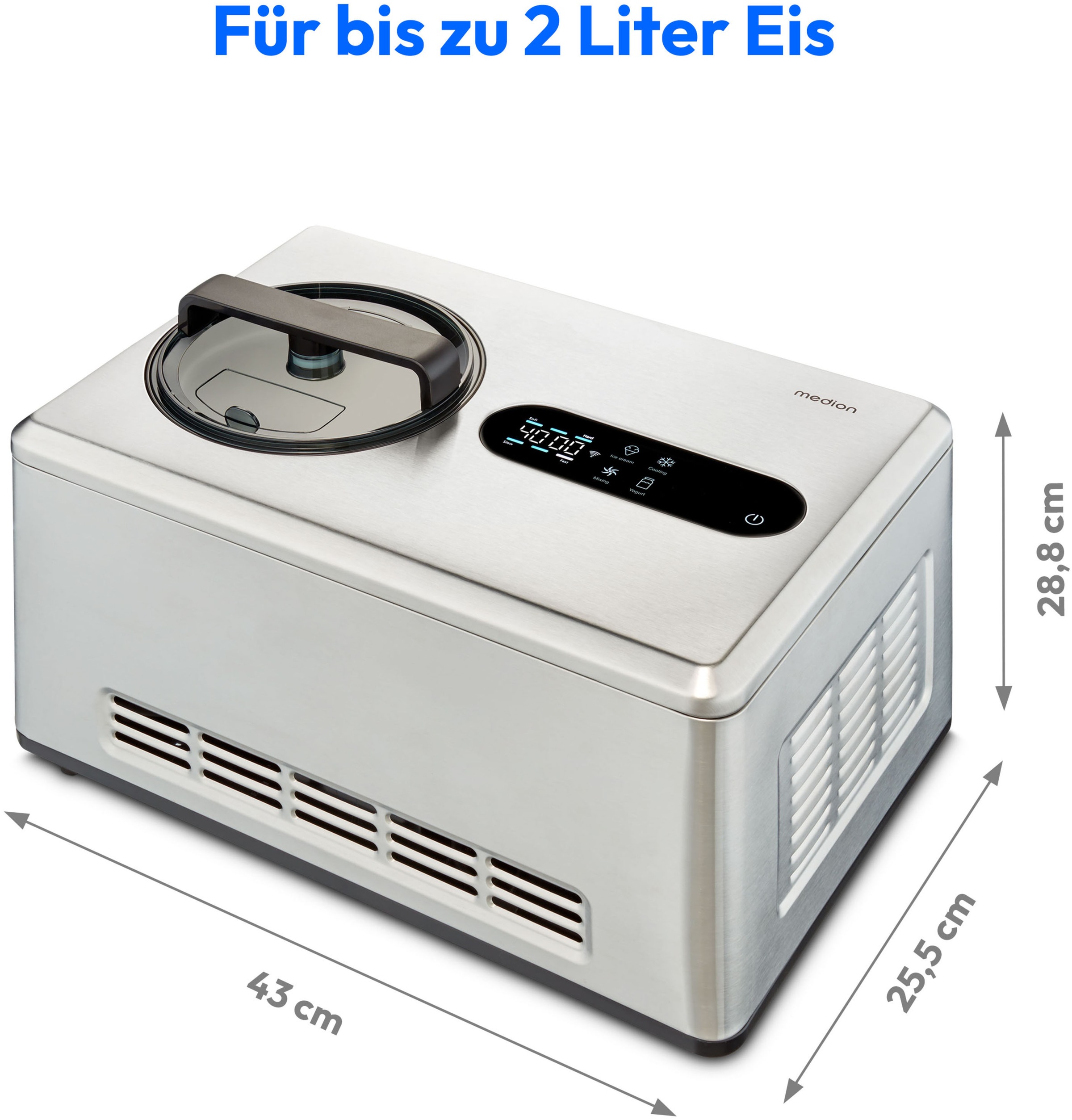 Medion® Eismaschine »MD 12170, 2 L Kapazität, integrierter Kompressor, Smartphonesteuerung«, 220 W, Herausnehmbarer Edelstahl-Eisbehälter, Sensor-Touch-LED-Display