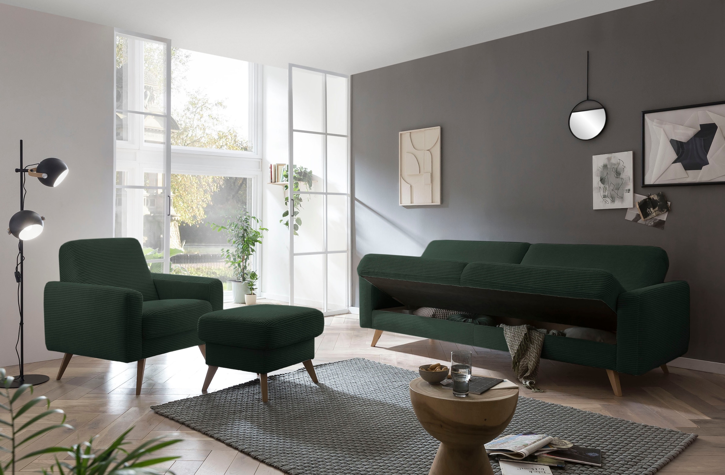 exxpo - sofa fashion 3-Sitzer »Samso, elegant und bequem, aktueller Cord Bezug, Kippcouch« hochwertige Verarbeitung, Schlafsofa inkl. Bettfunktion und Bettkasten