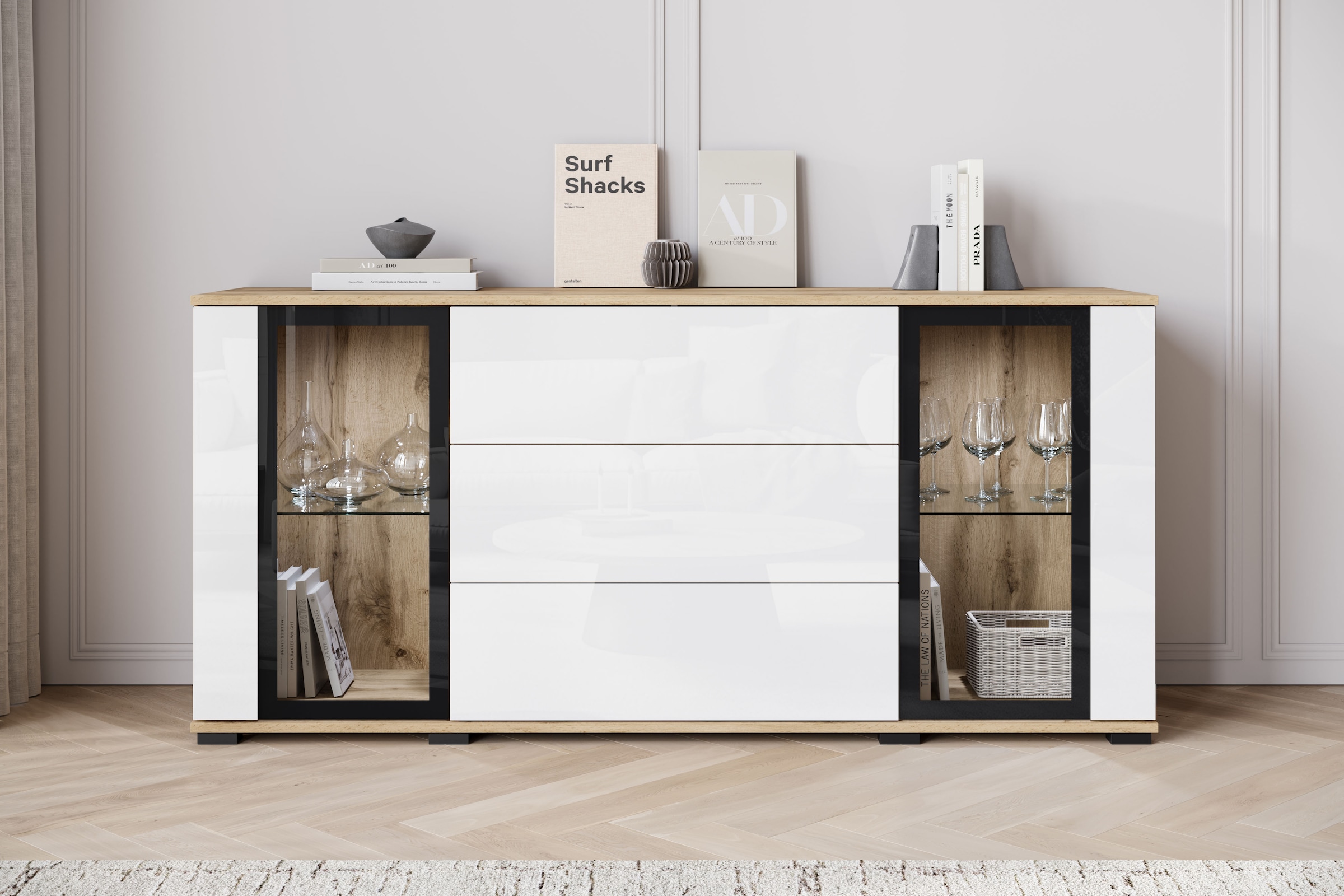 INOSIGN Sideboard »modernes Design mit Glaseinsätzen und 3 Schubladen, Breite 150 cm«, (1 St.), Grifflose Fronten mit Push-to-Open, höhenverstellbare Einlegeböden