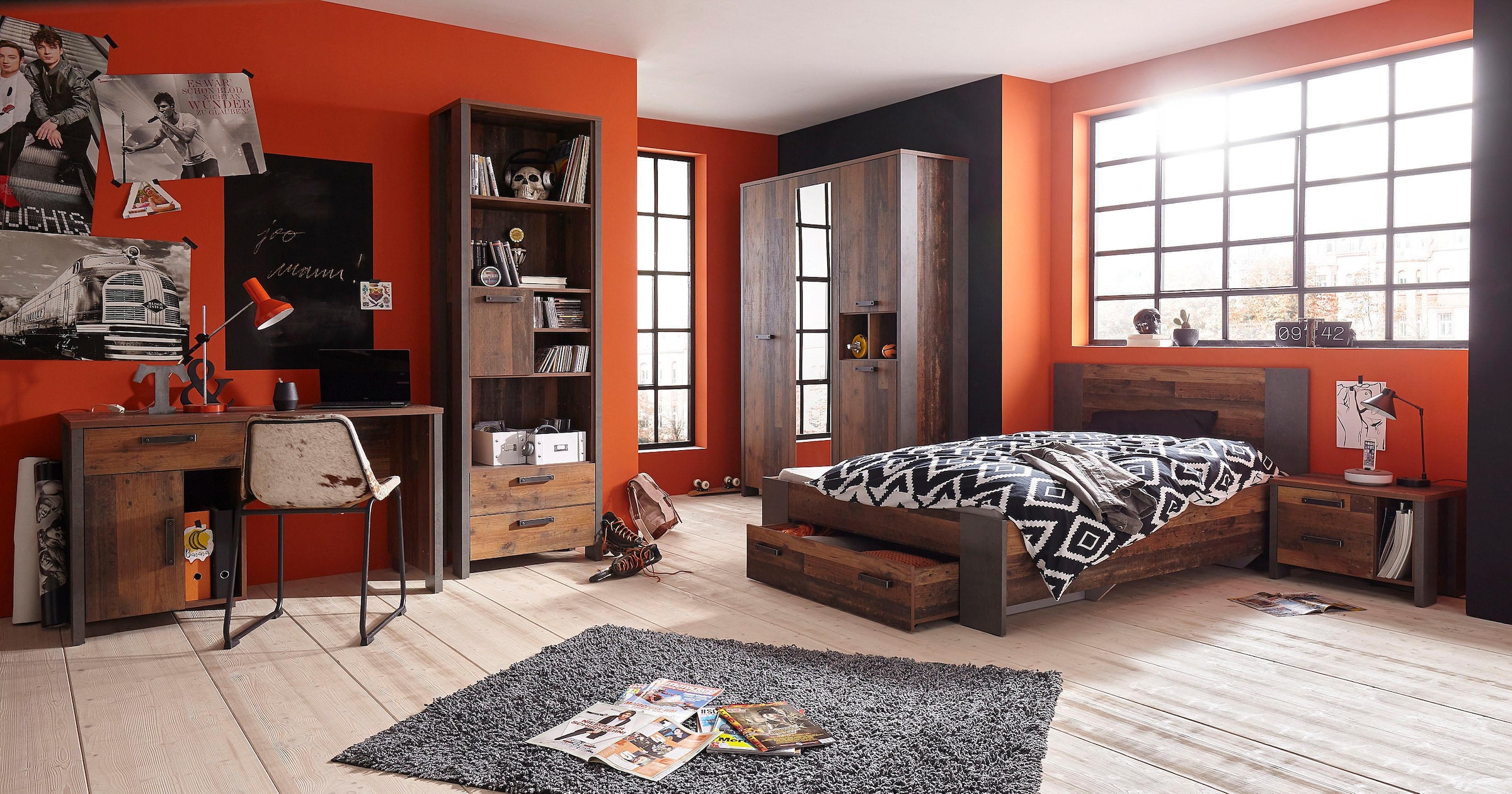 FORTE Bett »Clif, Jugendbett, Belastbarkeit 120 KG, Schubkasten optional«, (Liegefläche 140cmx200cm), Industrial Design