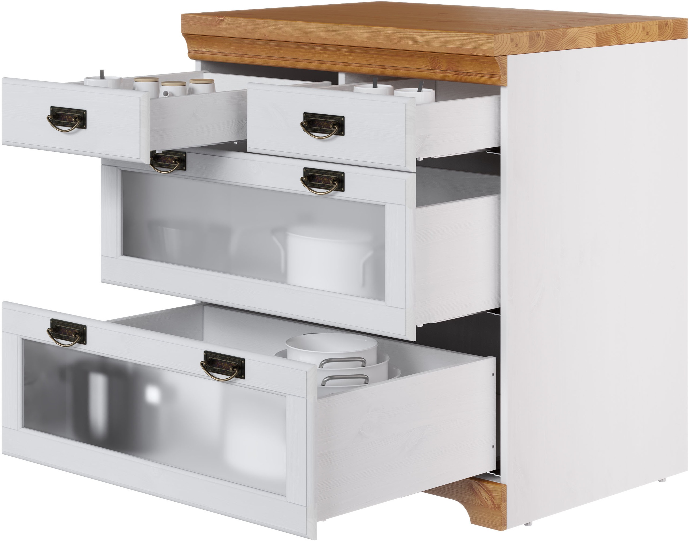 Home affaire Unterschrank »Rügen«, Breite 80 cm, Kiefer massiv, Schubkästen mit Glaseinsatz