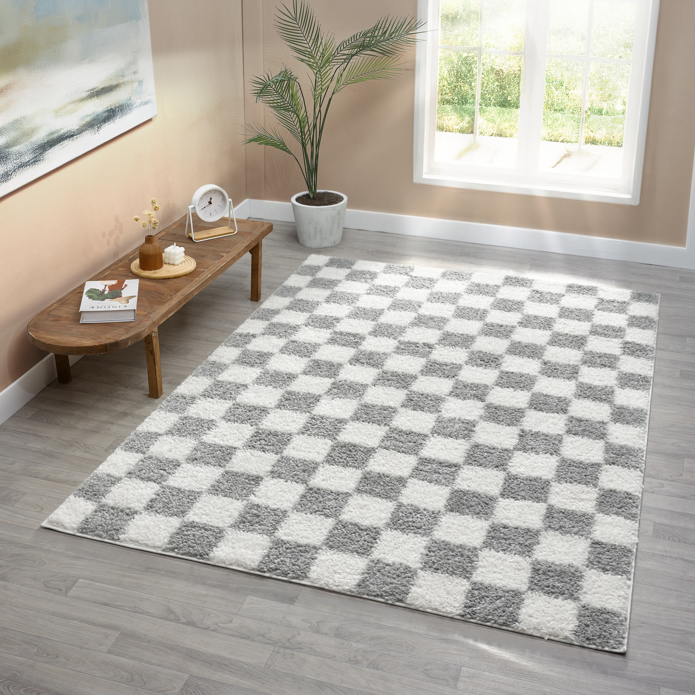 OTTO home Hochflor-Teppich »Kiiki«, rechteckig, 30 mm Höhe, Kariert, auffälliges Schachbrettmuster, Wohnzimmer, Schlafzimmer