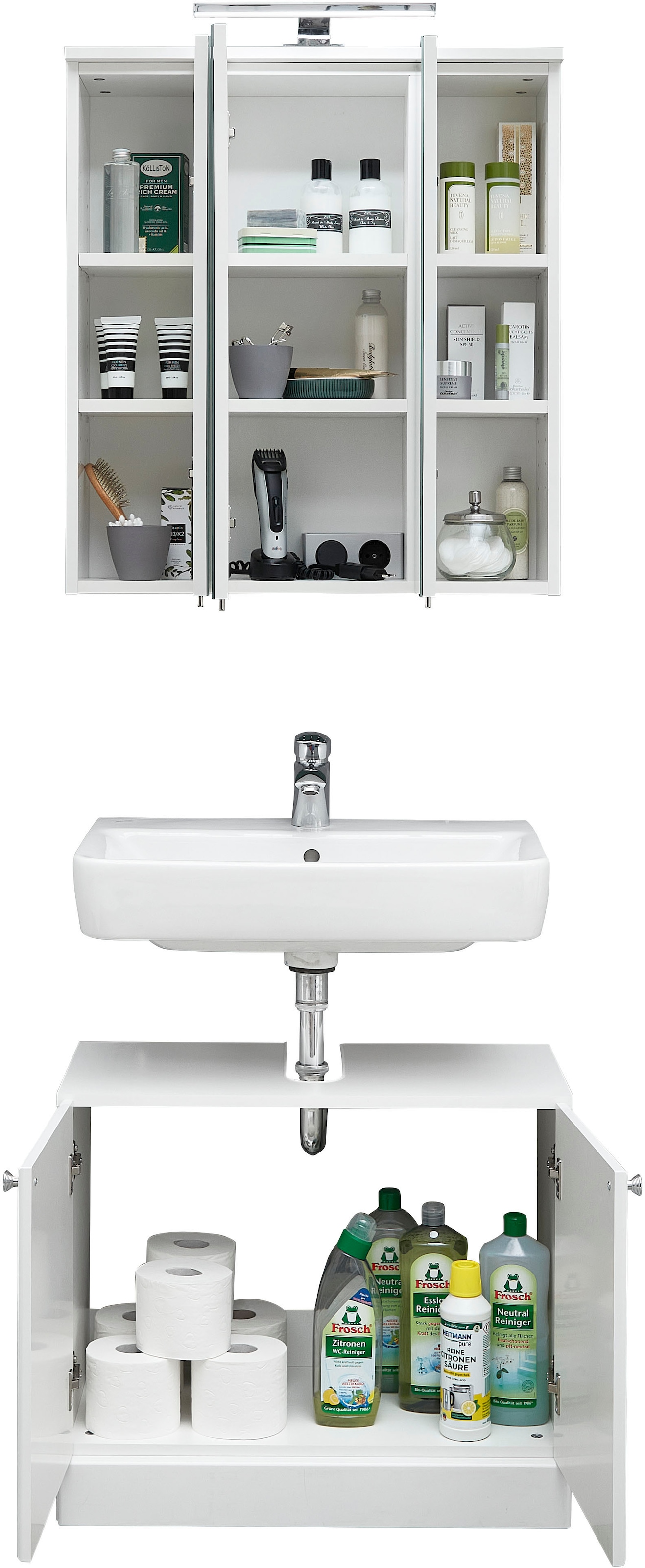 Saphir Badmöbel-Set »Quickset 955 2-teilig, Waschbeckenunterschrank und LED-Spiegelschrank«, (Set, 2 St.), in Weiß Hochglanz, Badmöbel ohne Waschbecken, 5 Türen