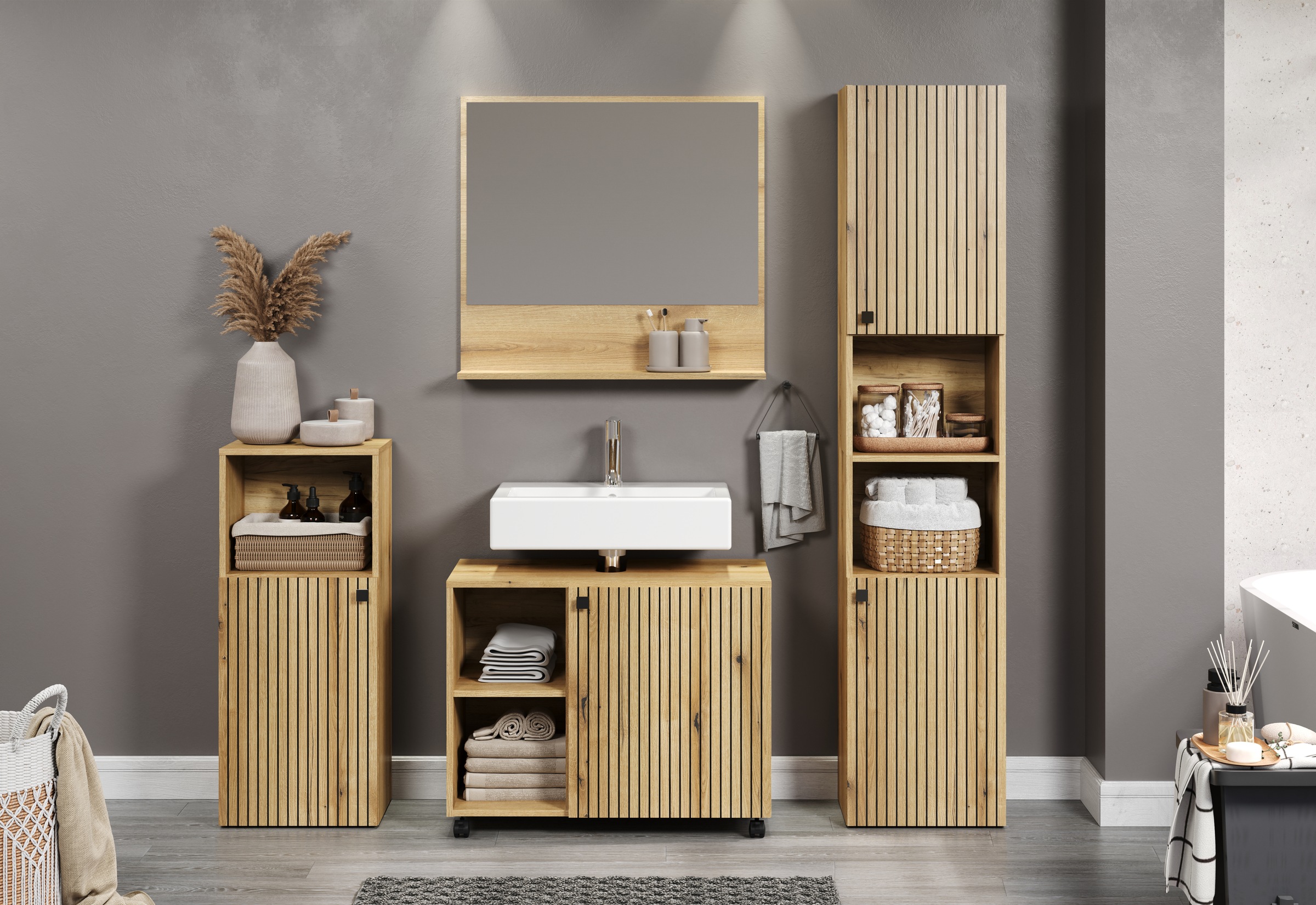 welltime Badmöbel-Set »Amrum Waschbeckenunterschrank Spiegel Hochschrank Ba günstig online kaufen