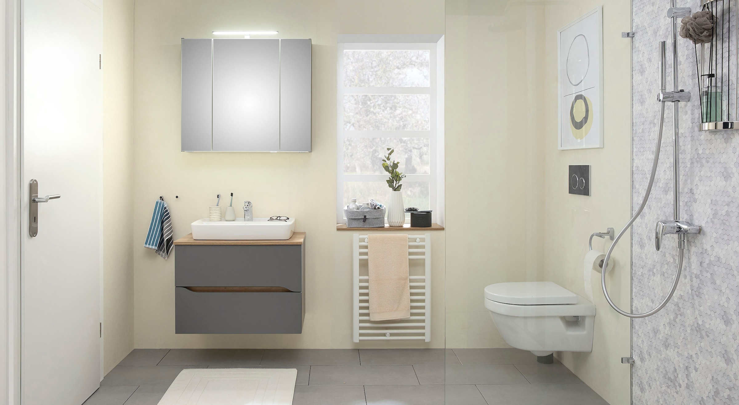 Saphir Badmöbel-Set »Quickset 2-teilig, Keramik-Aufsatzbecken mit LED-Spiegelschrank«, (2 St.), 80 cm breit, 2 Schubladen, 3 Spiegeltüren, 6 Einlegeböden
