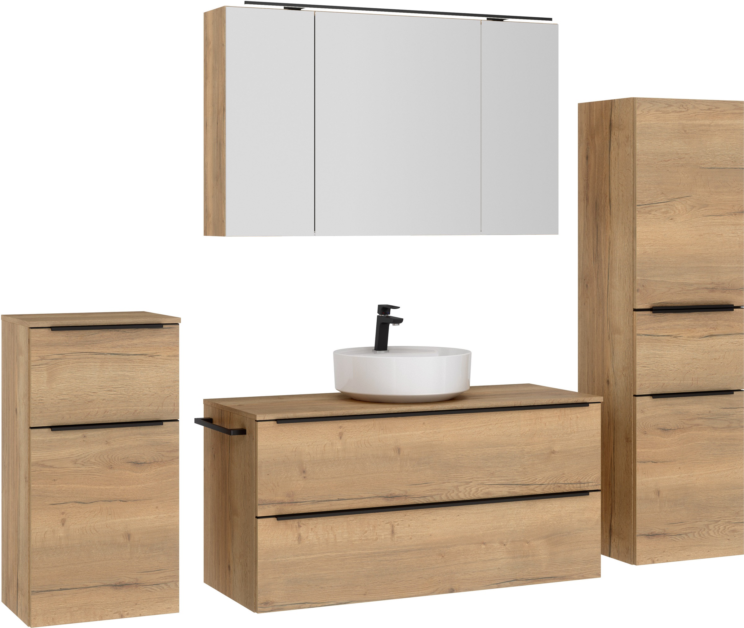 nobilia® Badmöbel-Set »Alvene«, (4 St., vormontiert, mit Soft-Close), inkl. Spiegelschrank mit Beleuchtung und Dimmerfunktion, in 4 Breiten