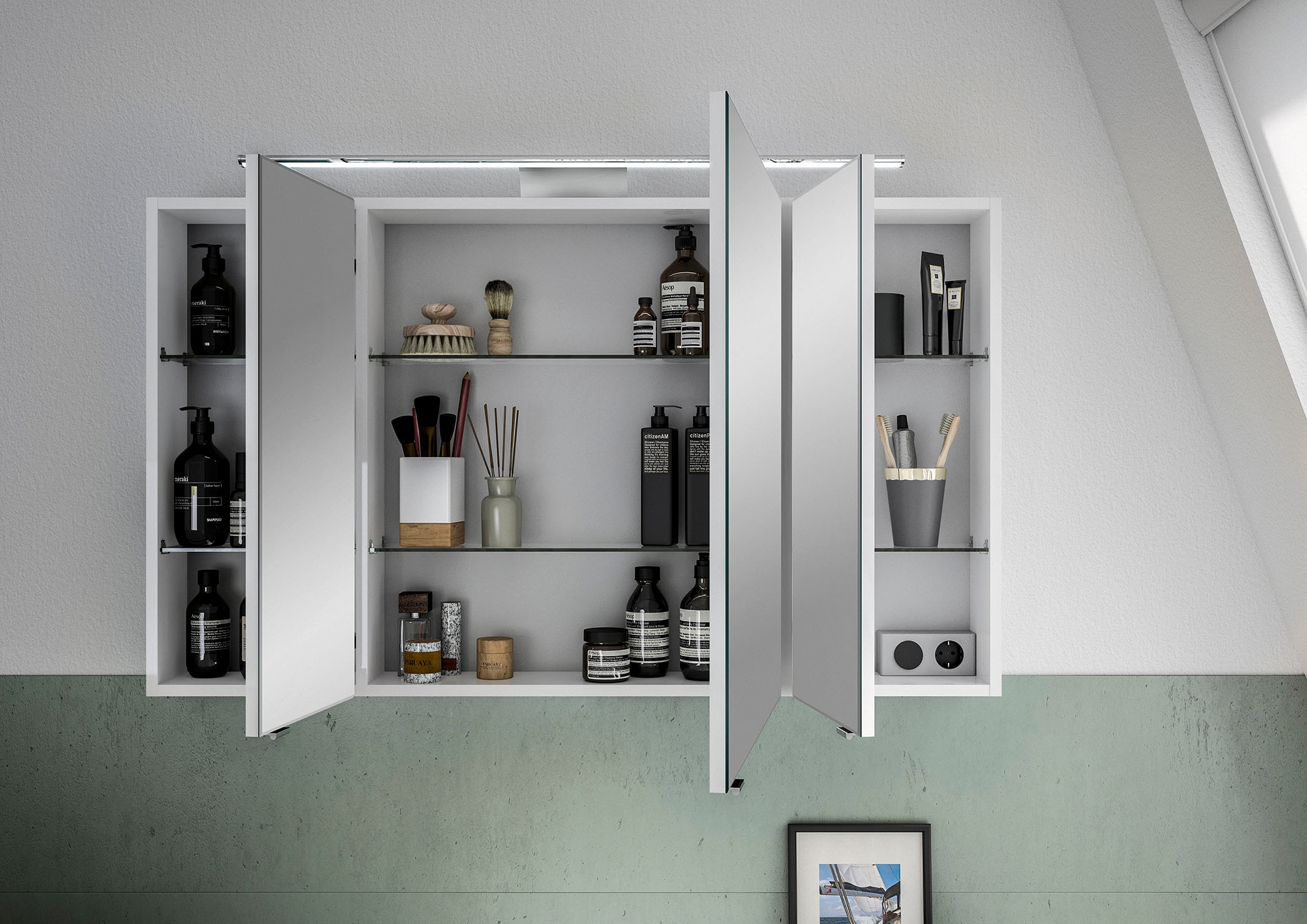 Saphir Spiegelschrank »6005 Sprint Badschrank, 3 Spiegeltüren, 6 Einlegeböden, 120 cm breit« inkl. LED-Beleuchtung, Türdämpfer, Schalter-/Steckdosenkombination