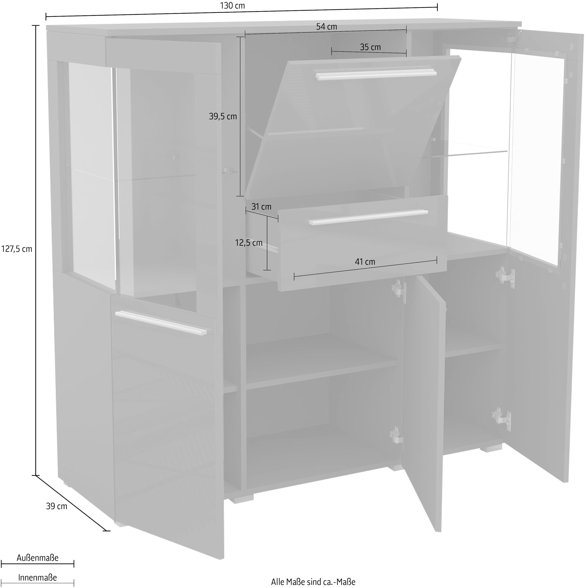 INOSIGN Highboard »India,Breite 130cm, stilvolle Hochkommode 3Türen, Klappe und Schublade«, Hochschrank viel Stauraum, Einlegeböden verstellbar,ohne Beleuchtung