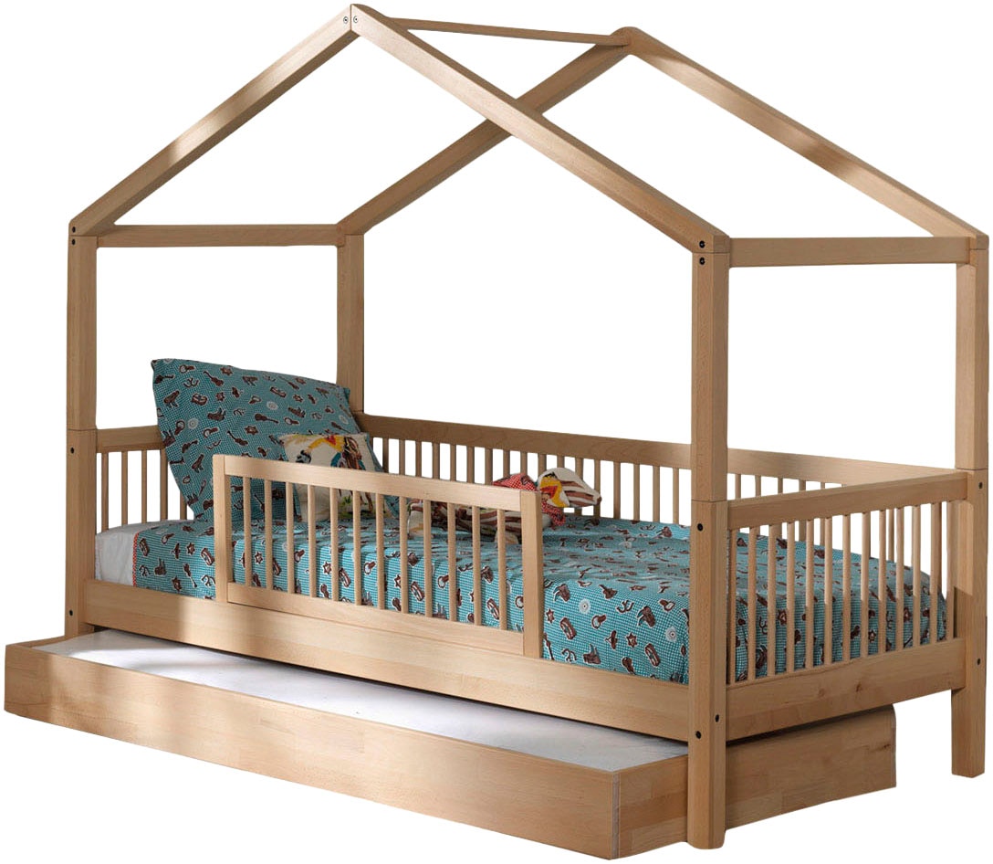 Vipack Hausbett »Forrest mit hochwertiger und stabiler Verarbeitung, Made in Europe« Buche massiv natur, 90/200 cm, inkl. Rausfallschutz und Bettschublade,  wahlweise ohne oder mit Textilhimmel