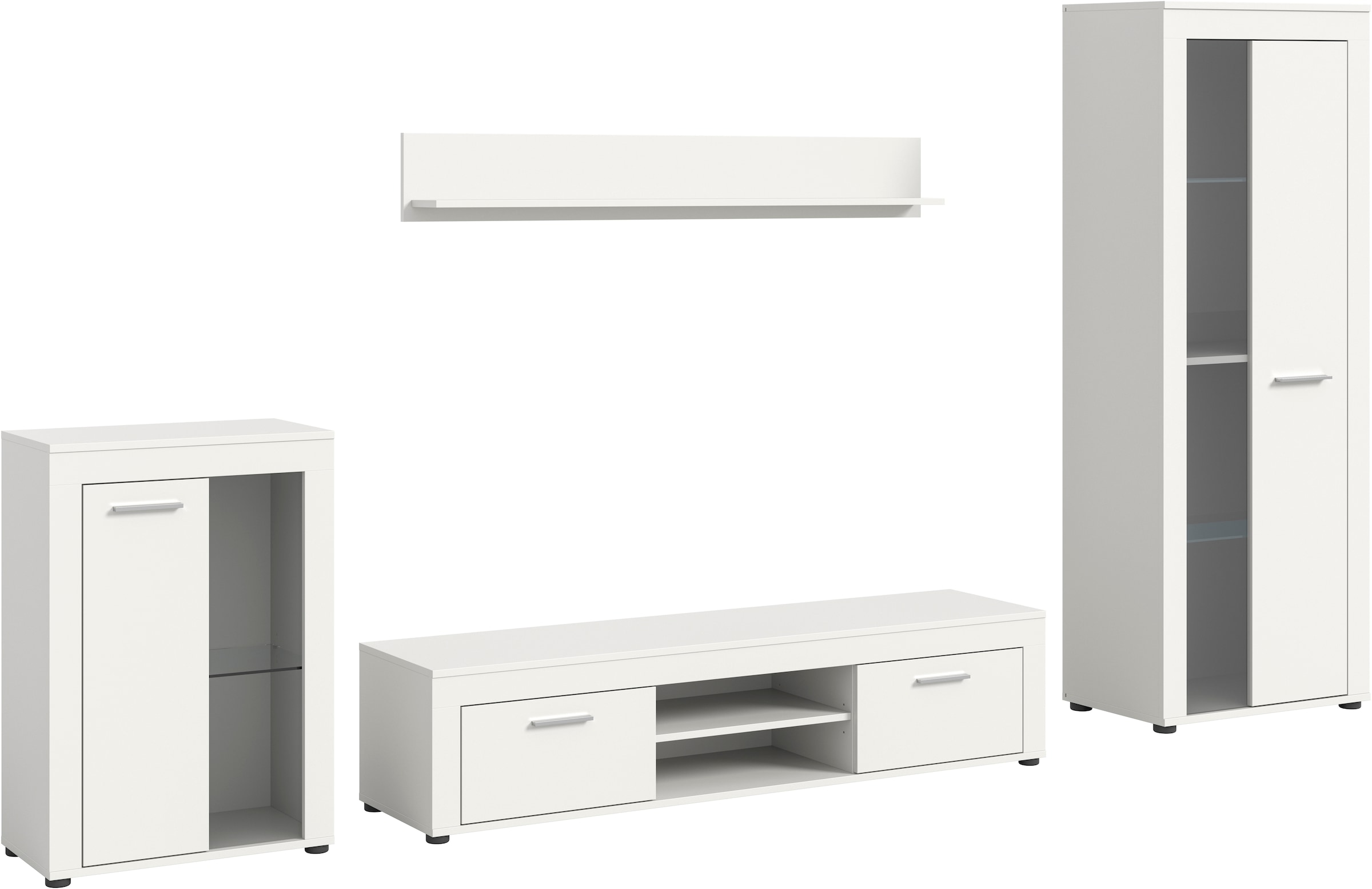 INOSIGN Wohnwand »Aosta, 4-tlg., best. aus: Vitrine, Lowboard, Wandboard & Vitrine hoch«, (4 St.), Wohnwand, Kombination, Anbauwand, Möbel Set, Schrankwand, Möbel Kombi
