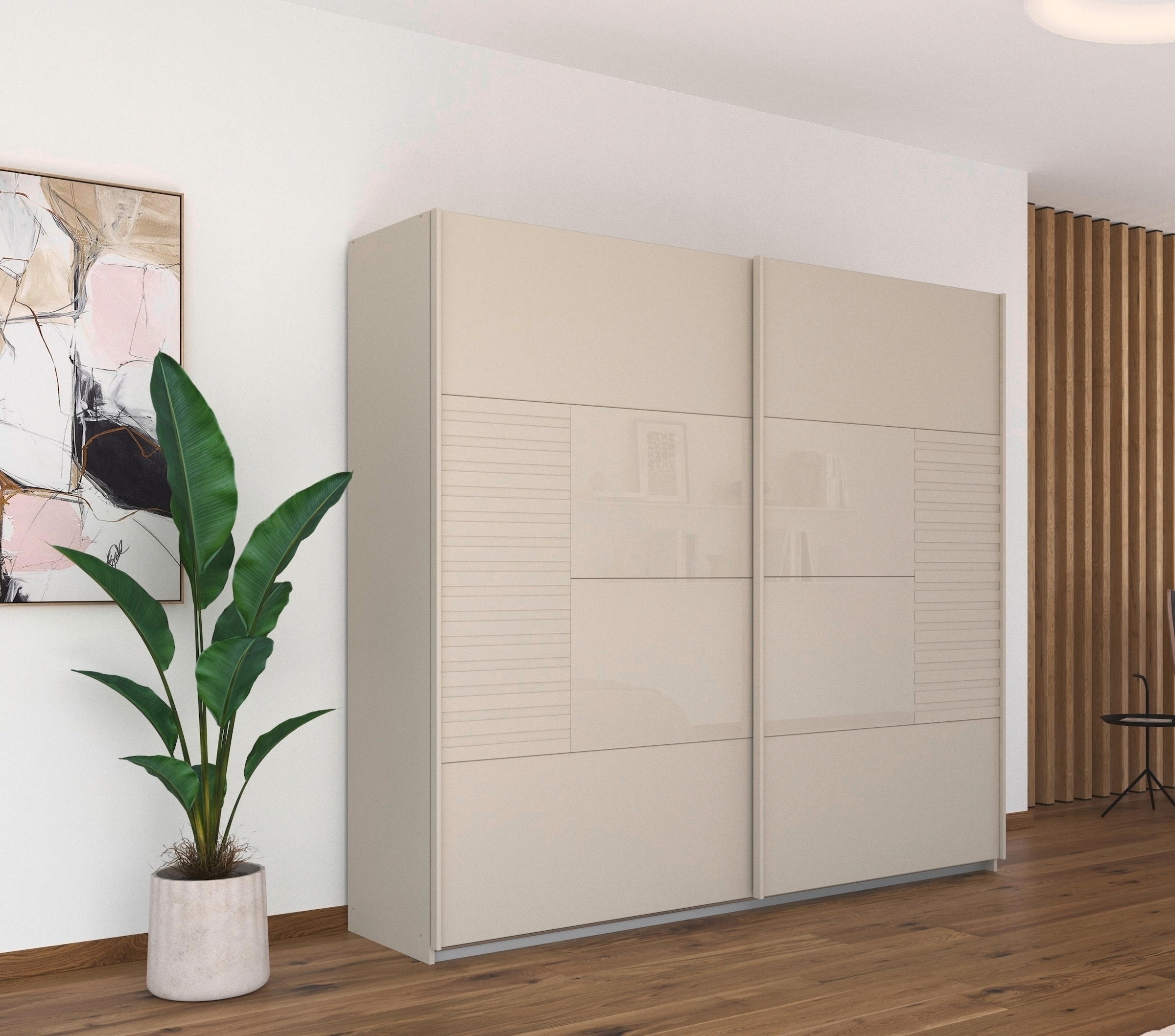 rauch Schwebetürenschrank »Kleiderschrank Schrank Garderobe Schlafzimmerschrank RUGA«, Auflagen in moderner Lamellen-Optik, mit Glasauflagen MADE IN GERMANY