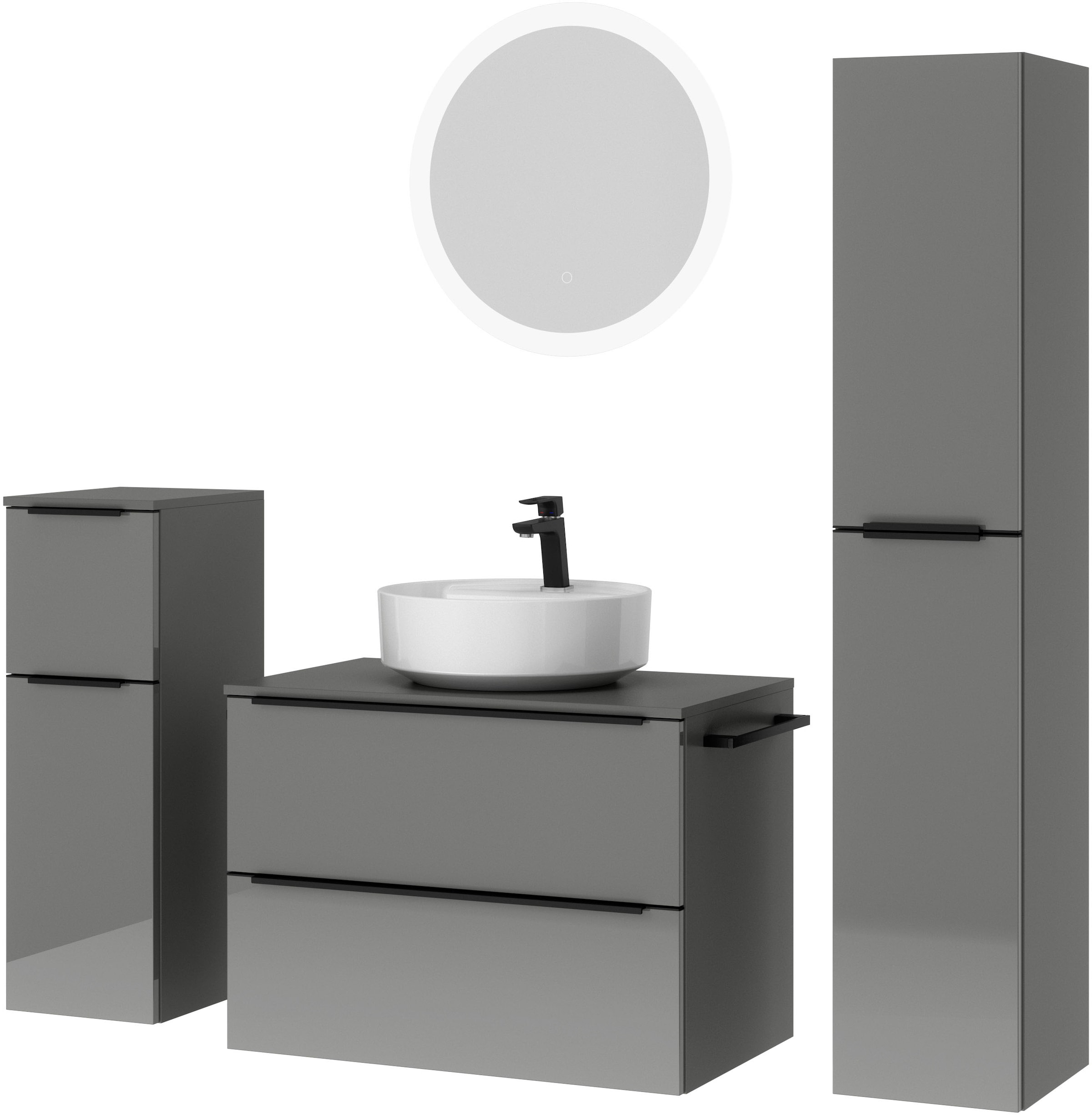 nobilia® Badmöbel-Set »Alvene«, (4 St., vormontiert, mit Soft-Close), Hochglanz, inkl. Spiegel mit Touch-Sensor, in vier Breiten