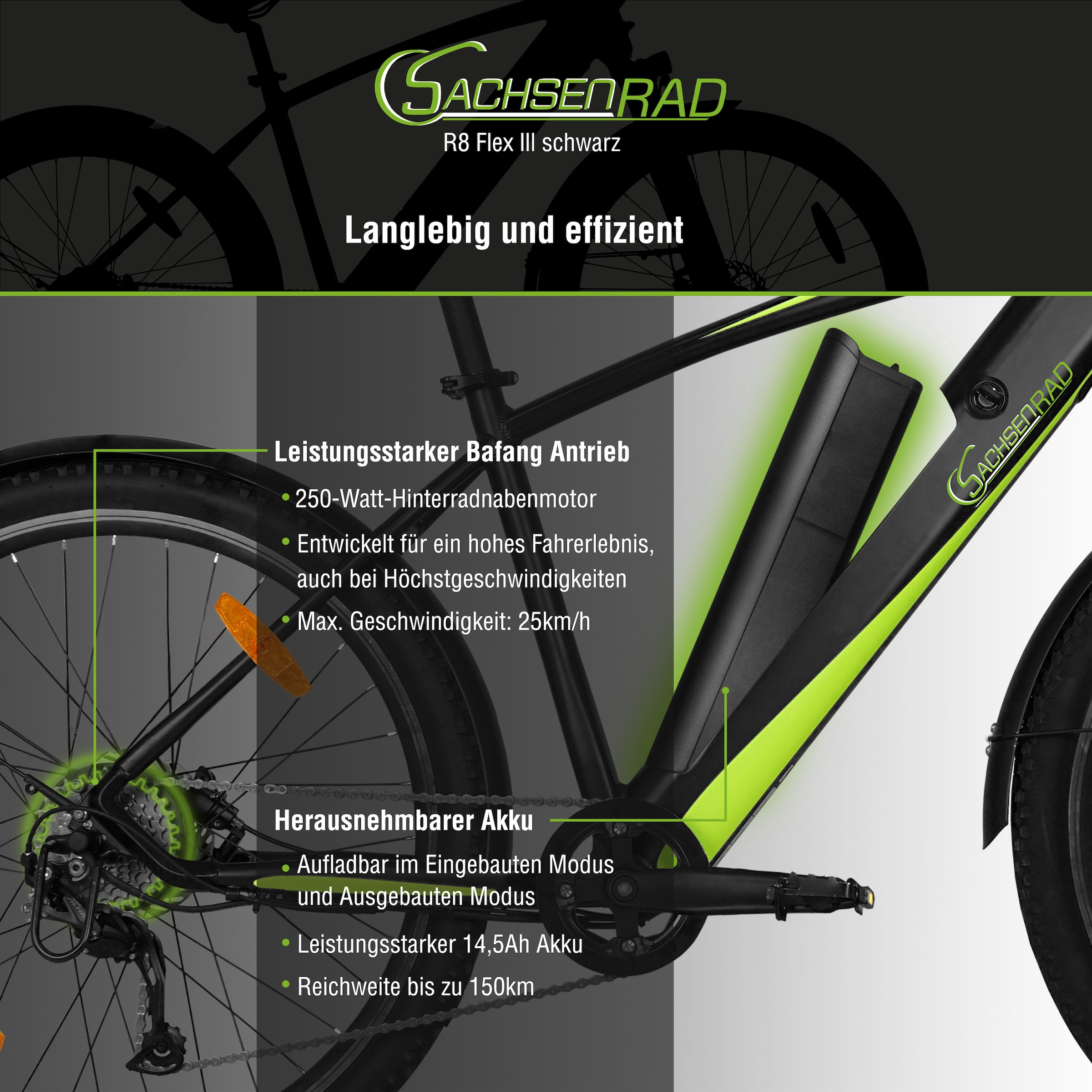 SachsenRad E-Bike »R8 Flex III«, 9 Gang, Shimano, Shimano Altus, Heckmotor 250 W, (mitgeliefertes, optionales Schutzblech mit integriertem Rücklicht), LCD-Steuerdisplay, Fahrmodus Pedelec, LED-
Beleuchtung