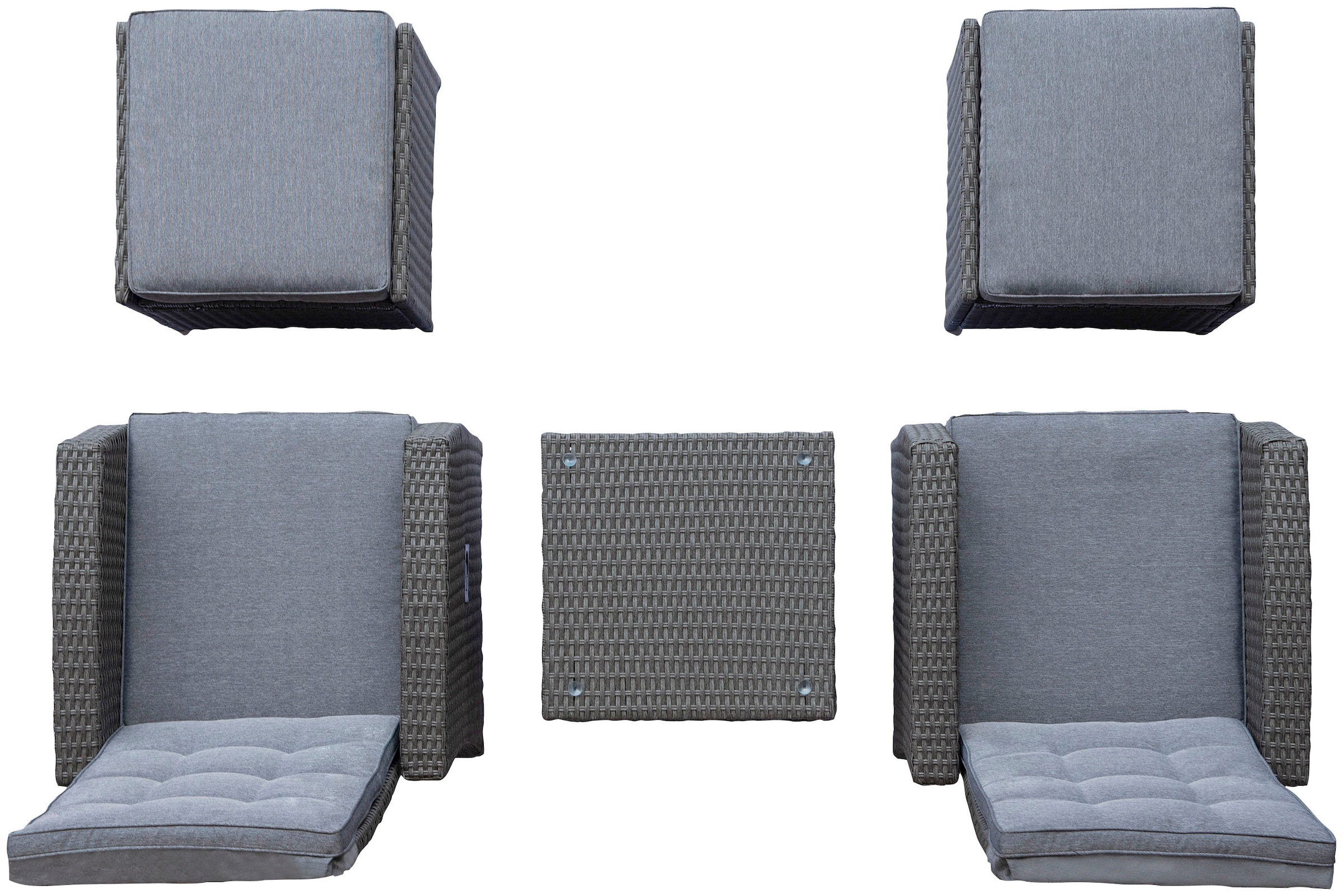 KONIFERA Gartenlounge-Set »Paris«, (Set, 9 tlg., 2x Sessel, 2x Hocker, 1x Tisch 50x50x51,5 cm, inkl. Schutzhülle), verstellbare Rückenlehne, Polyrattan, Aluminium, inkl. Auflagen