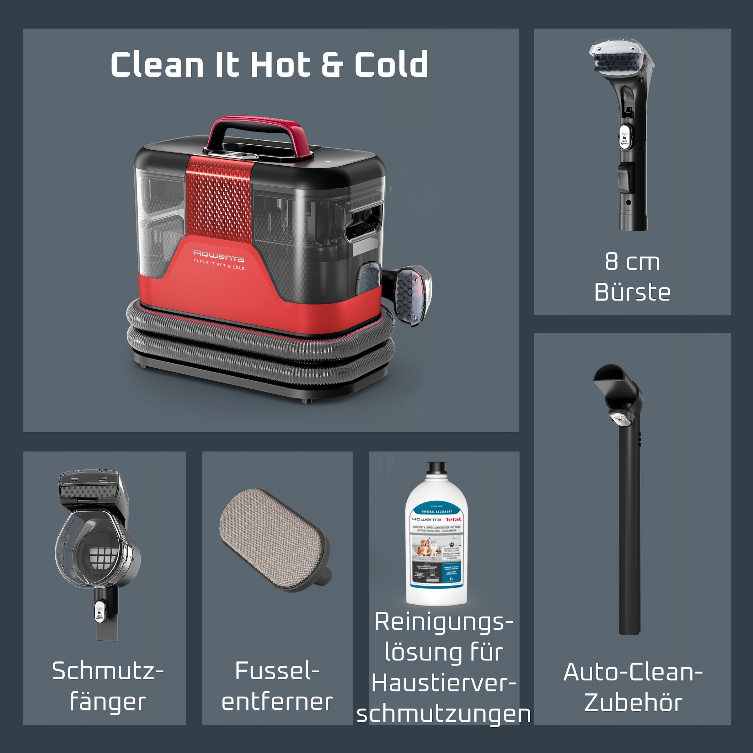 Rowenta Teppichreinigungsgerät »Fleckenentferner IN7020, Clean It Hot & Cold« PowerHeat 60 °C, 2,3 l/1,5 l Tanks, Auto‑Clean, Schmutzfänger-Aufsatz
