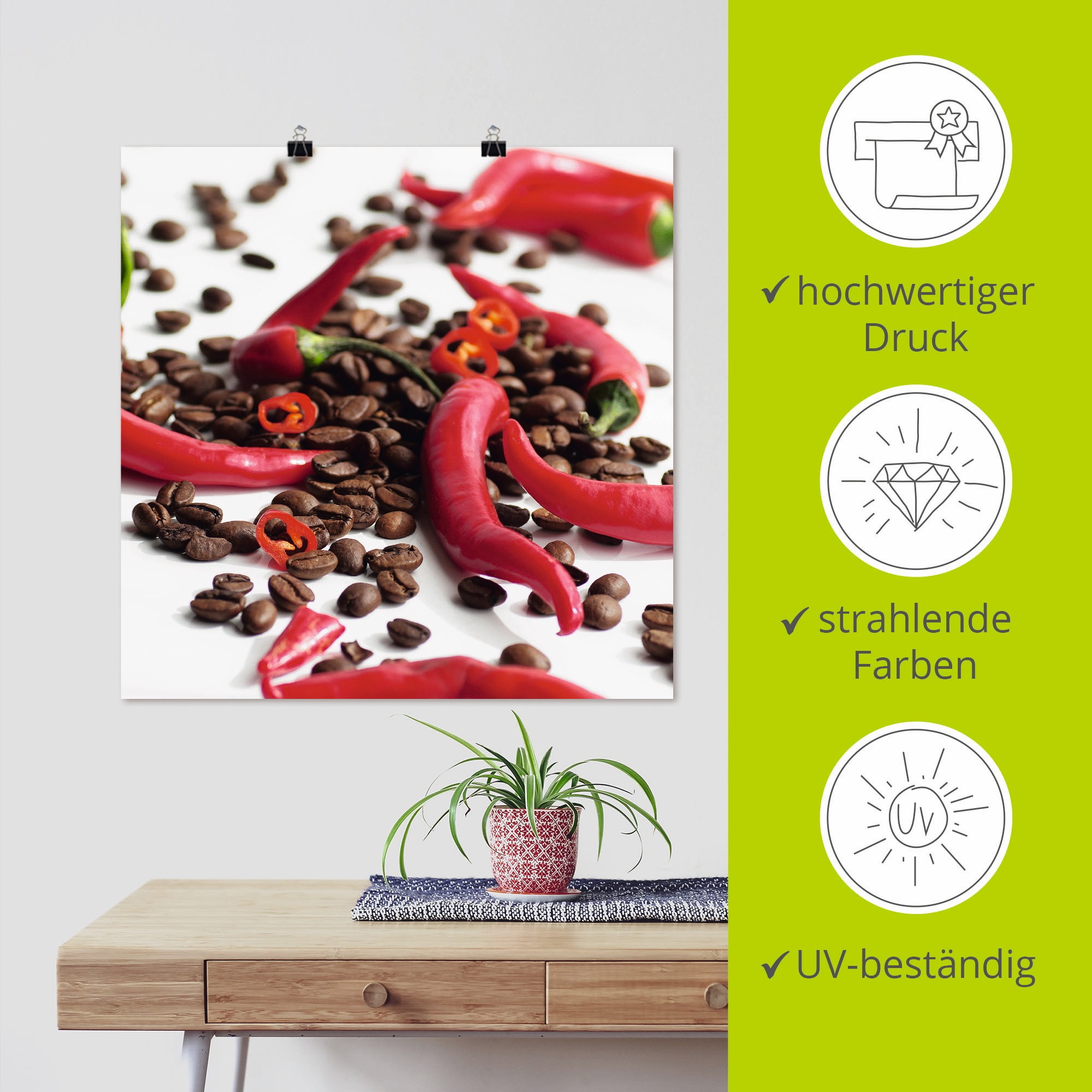 Artland Wandbild »Frische Chili auf Kaffee«, Lebensmittel, (1 St.), als Leinwandbild, Poster in verschied. Größen