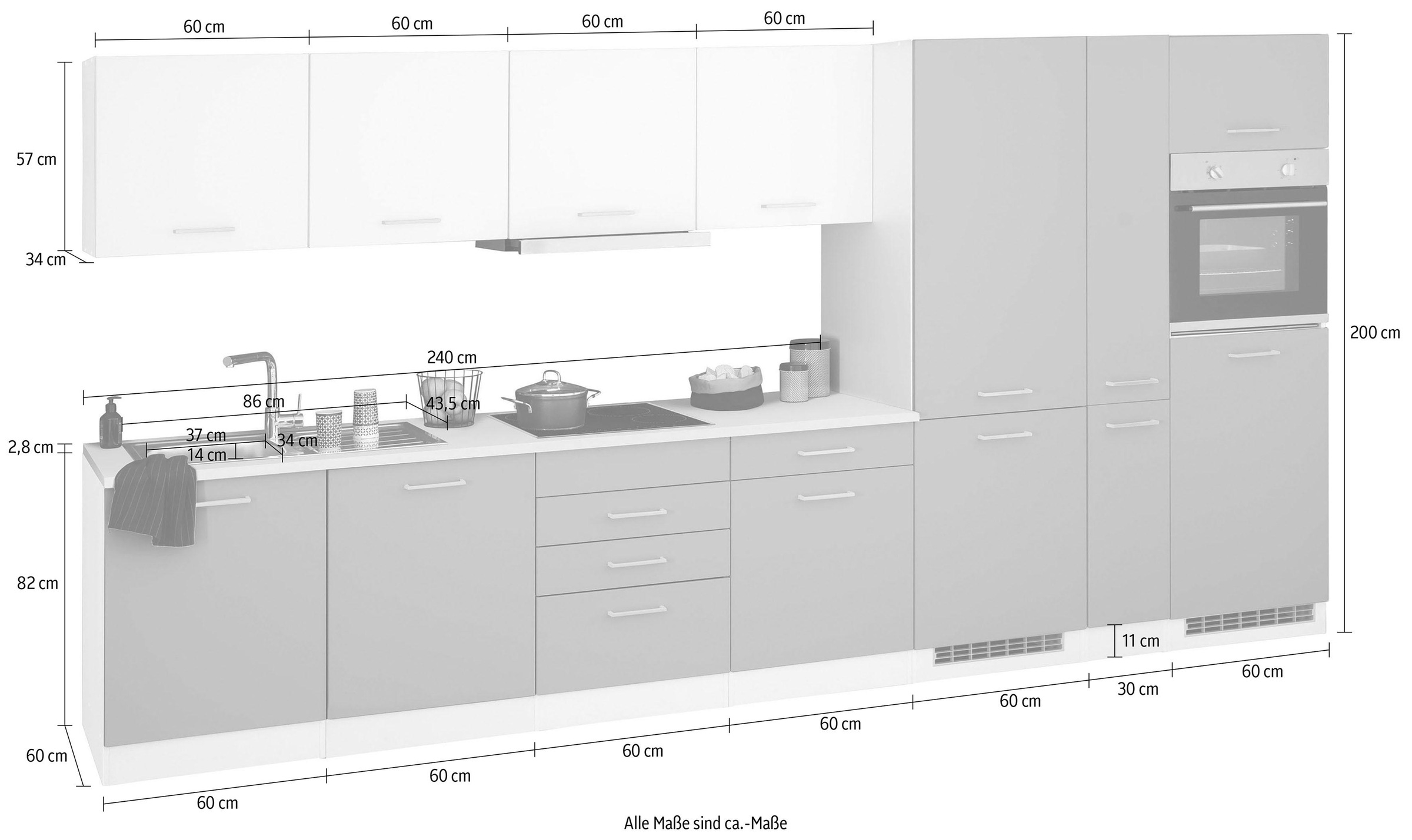 HELD MÖBEL Küchenzeile »Visby«, mit E-Geräte, 390 cm, inkl. Kühl/Gefrierkombination und Geschirrspüler