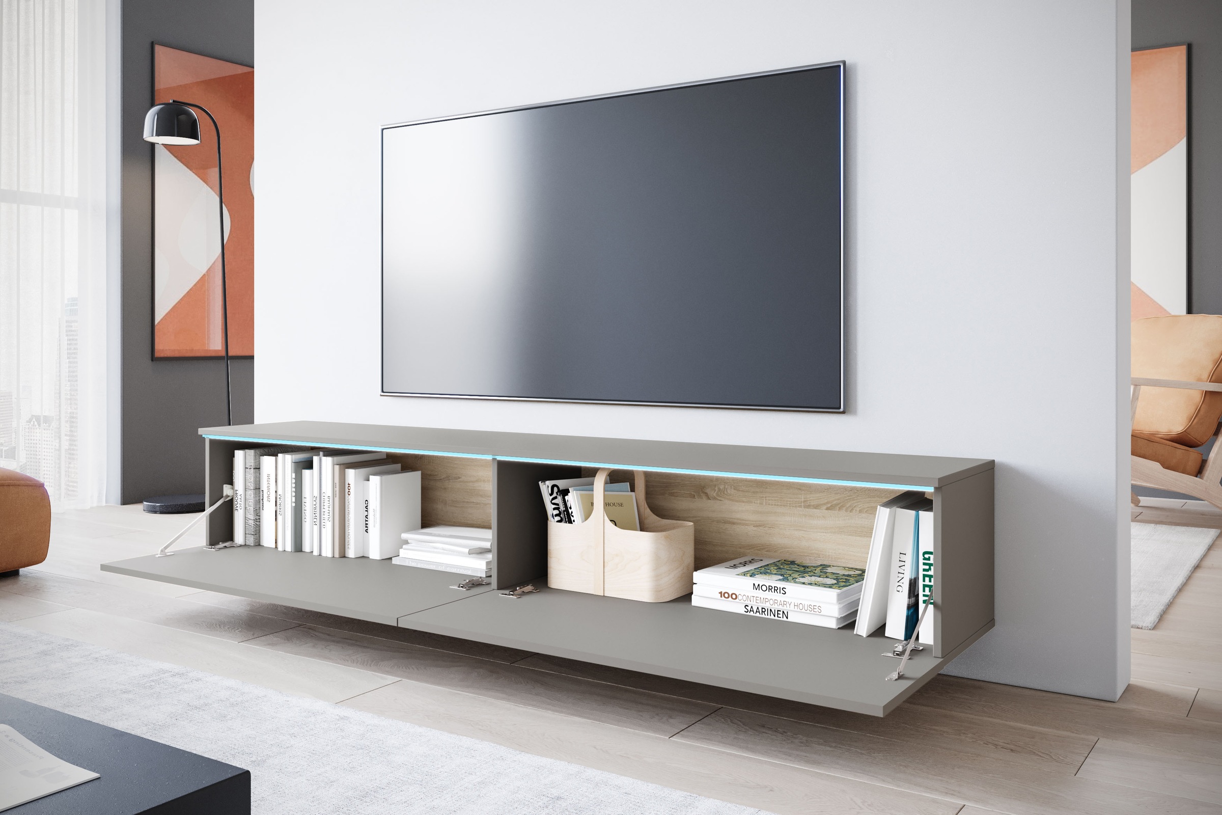 INOSIGN Lowboard »LOWBOARD VERA, wahlweise mit oder ohne Beleuchtung«, Modernes griffloses TV-Board, 180 cm TV-Schrank, stehend und hängend