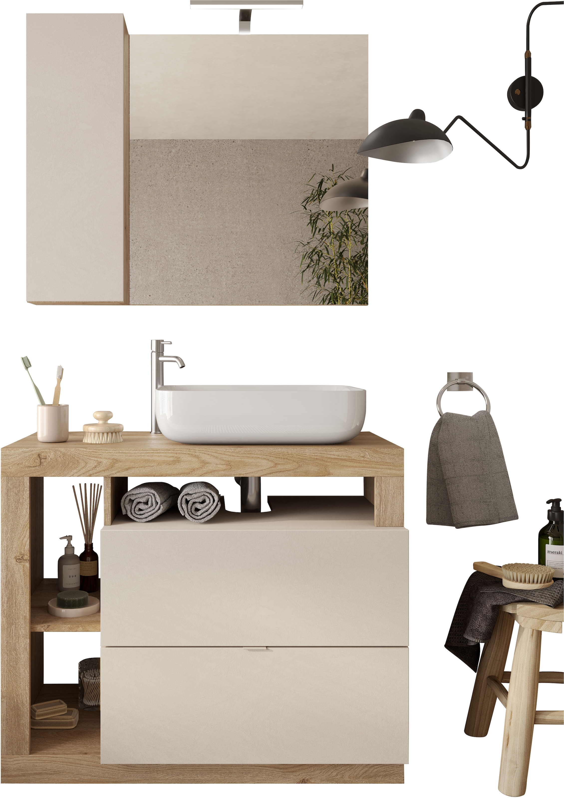 WELLTIME Badmöbel-Set »Hamburg, Badezimmerset 2tlg. Breite 92 cm, Badmöbel, Waschtisch inkl.« Spar-Set, 2 Stk. tlg. Cashmere/Eiche Cadiz NB