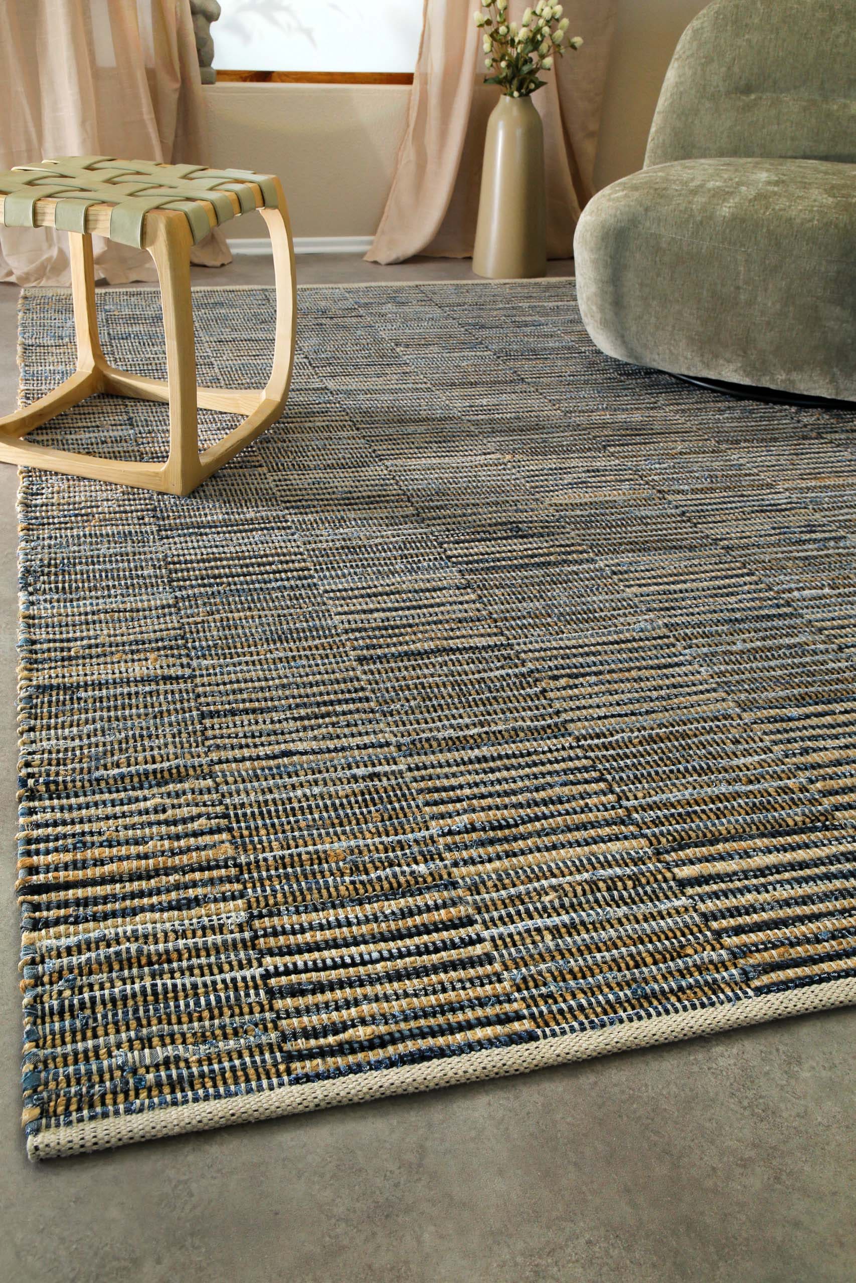 Wecon home Teppich »Denim Blues«, rechteckig, 6 mm Höhe, handgewebt, robust, pflegeleicht, skandi, Natur, Jute, Wohnzimmer