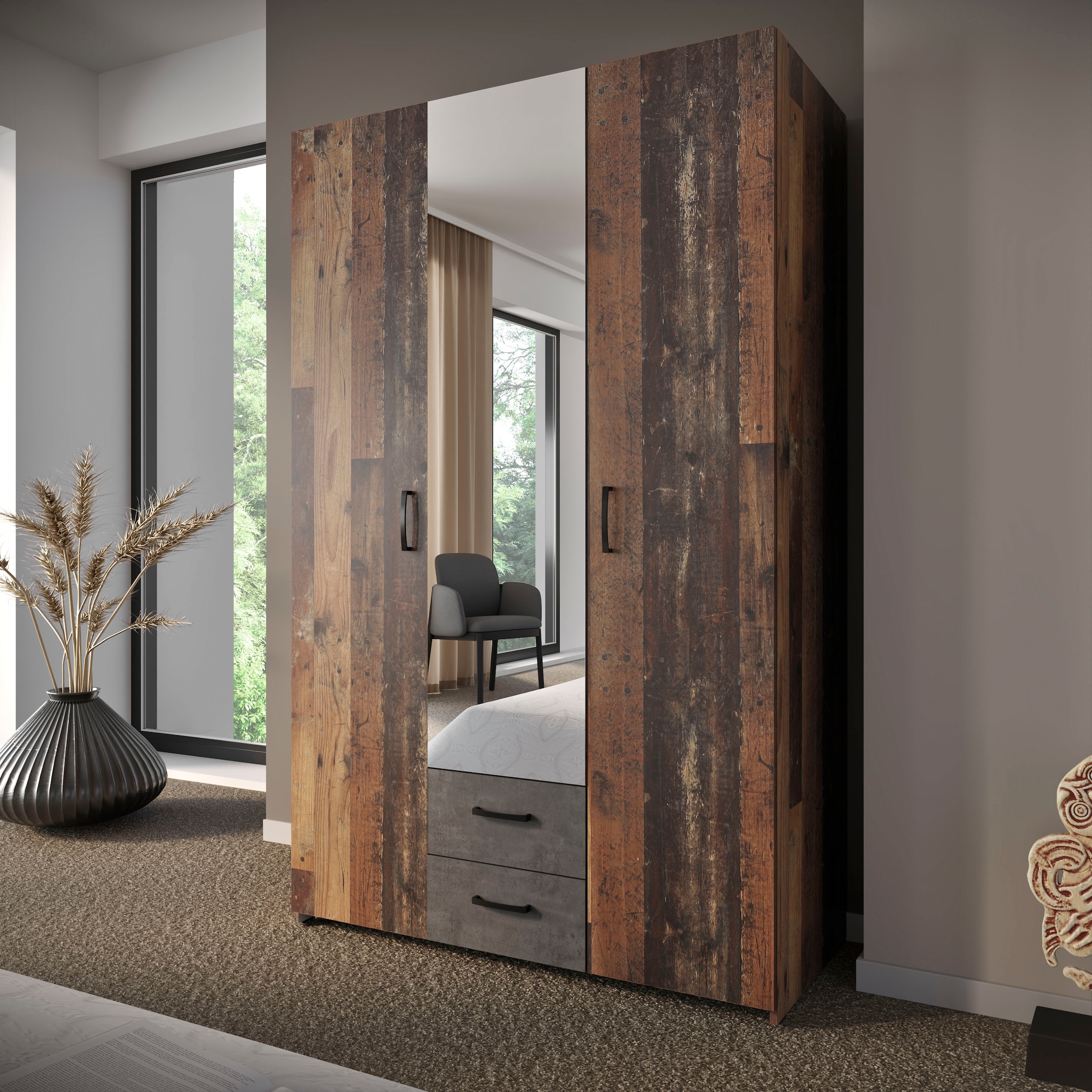 FORTE Kleiderschrank »ECONOBOX, Drehtürenschrank 120cm, mit Spiegel, 2 Schubkästen« B/H/T 119,4/190,5/54,4 cm, Old Wood Vintage/Betonoptik dunkelgrau