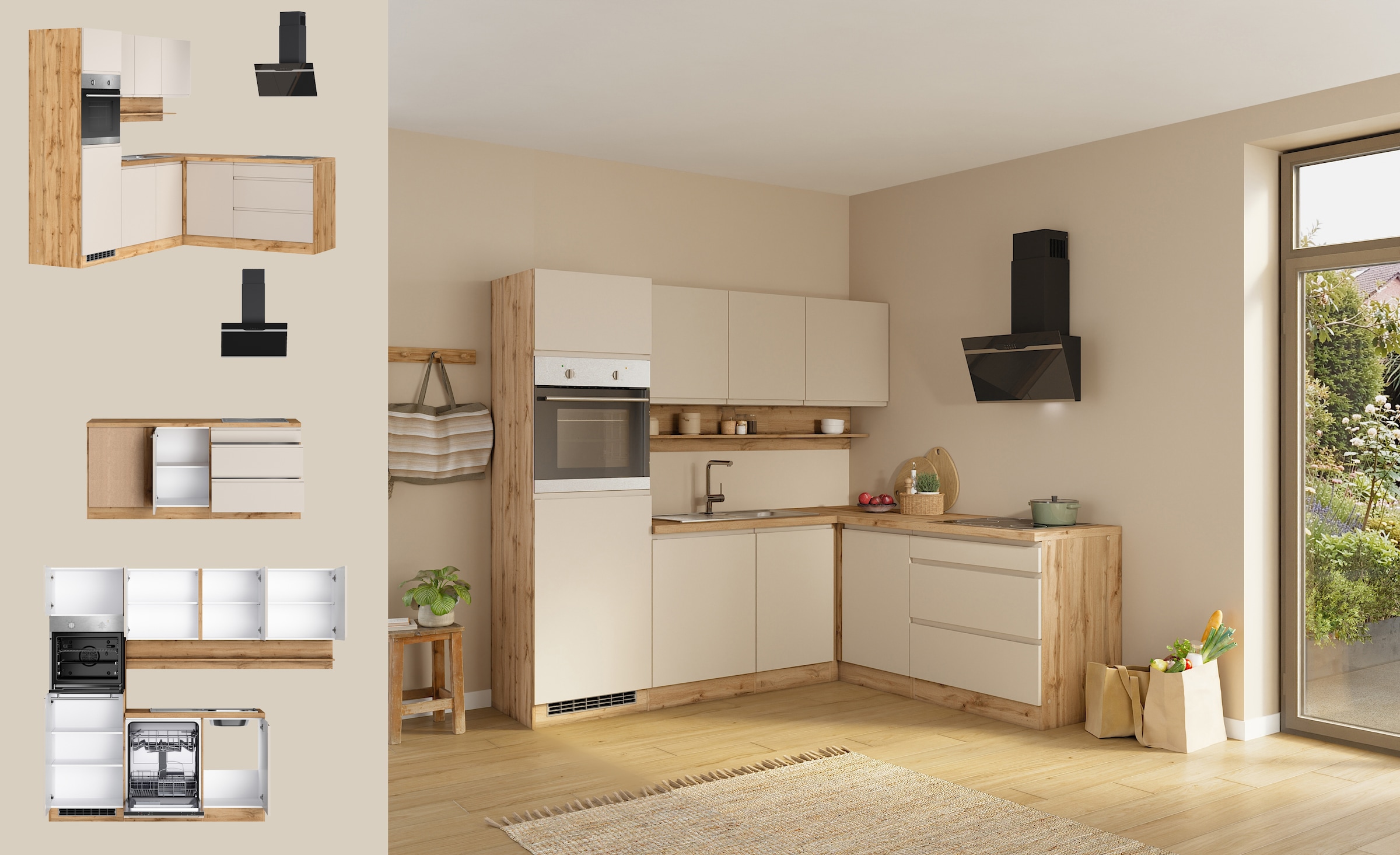 KOCHSTATION Winkelküche »KS-Virginia,neu in verbesserter Ausführung« Arbeitsplatte 38 mm stark, Stauraum, Softclose,  Stellbreite 230/190 cm, Soft-Close,wahlweise mit E-Geräten