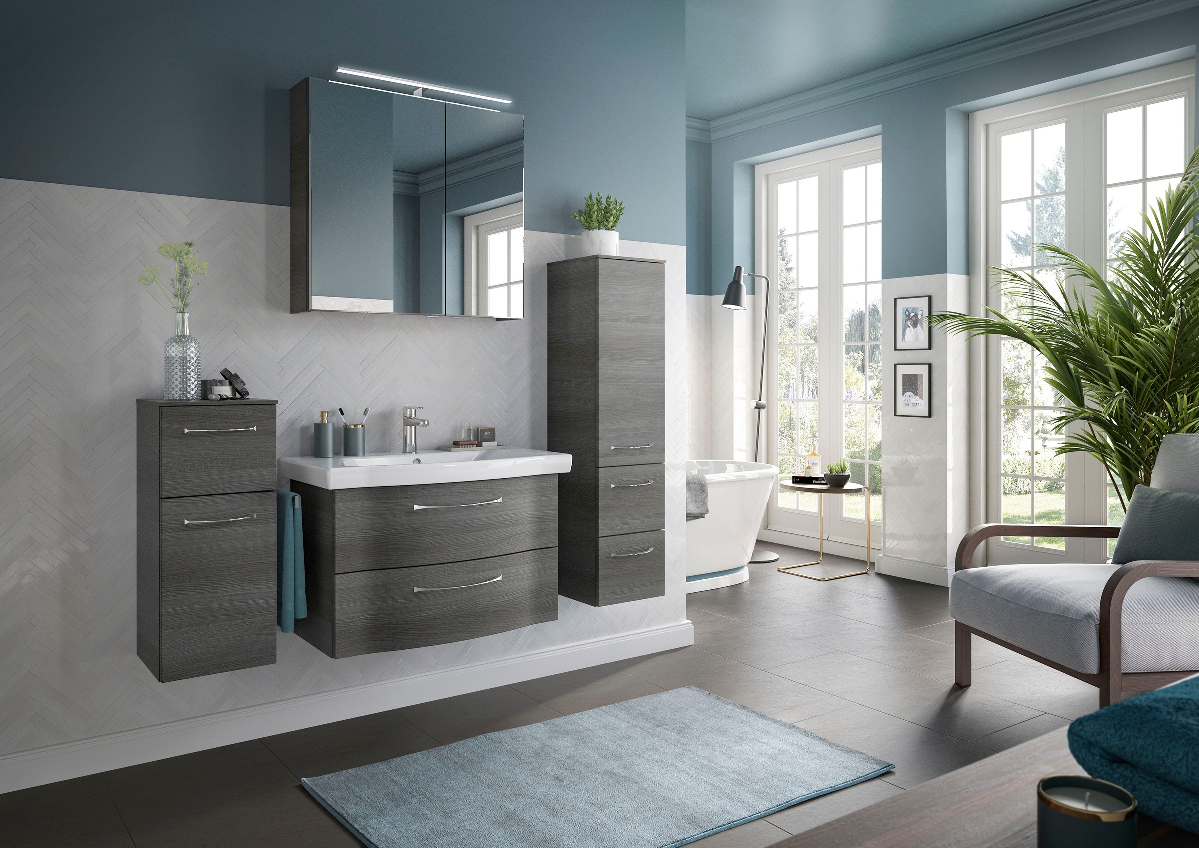 Saphir Badmöbel-Set »6005 Sprint 4-teilig, Keramik-Waschtisch mit LED-Spiegelschrank«, (5 St.), Unterschrank, Midischrank, inkl. Türdämpfer, 4 Türen, 5 Schubladen