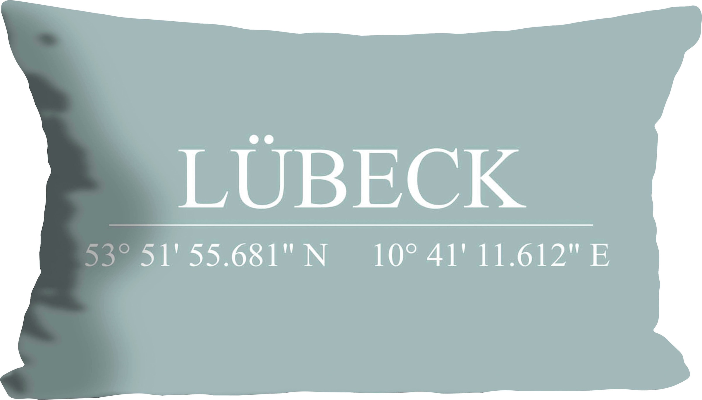 queence Dekokissen »Lübeck«, Kissenhülle,Türkiser Hintergrund,Lübeck Schriftzug,Koordinaten